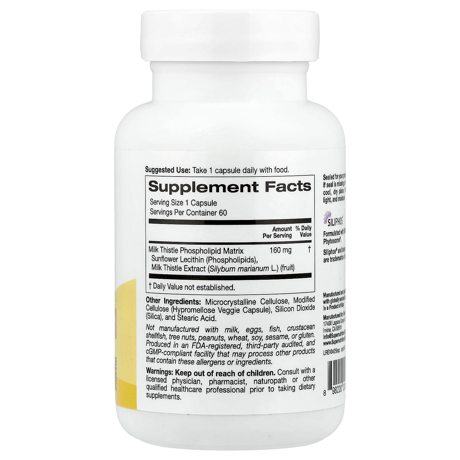 Super Nutrition, Milk Thistle Phytosome, 160 mg, 60 Veggie Capsules