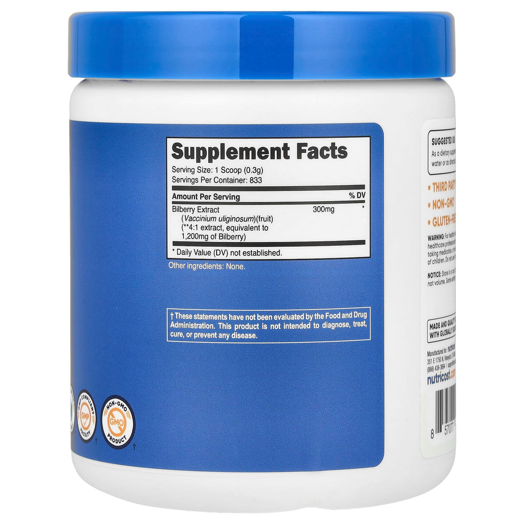 Nutricost, Bilberry Powder, Unflavored, 8.9 oz (250 g)