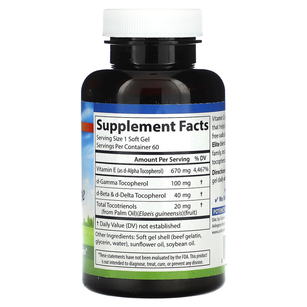 Carlson, E-Gems Elite, Vitamin E with Tocopherols & Tocotrienols, 670 mg (1,000 IU), 60 Soft Gels