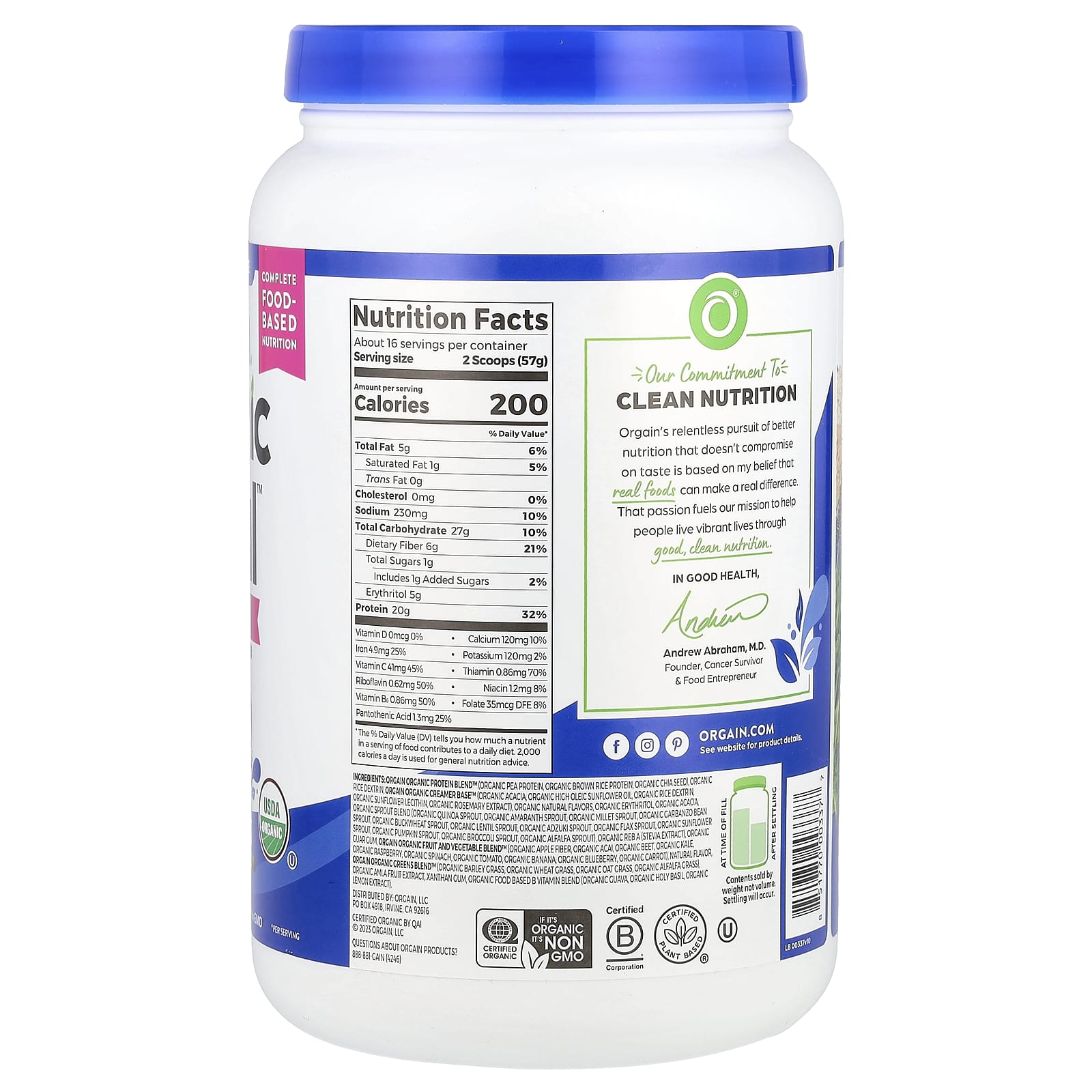 Orgain, Organic Meal™, On-The-Go Nutrition Shake Powder, Vanilla Bean, 2.01 lb (912 g)