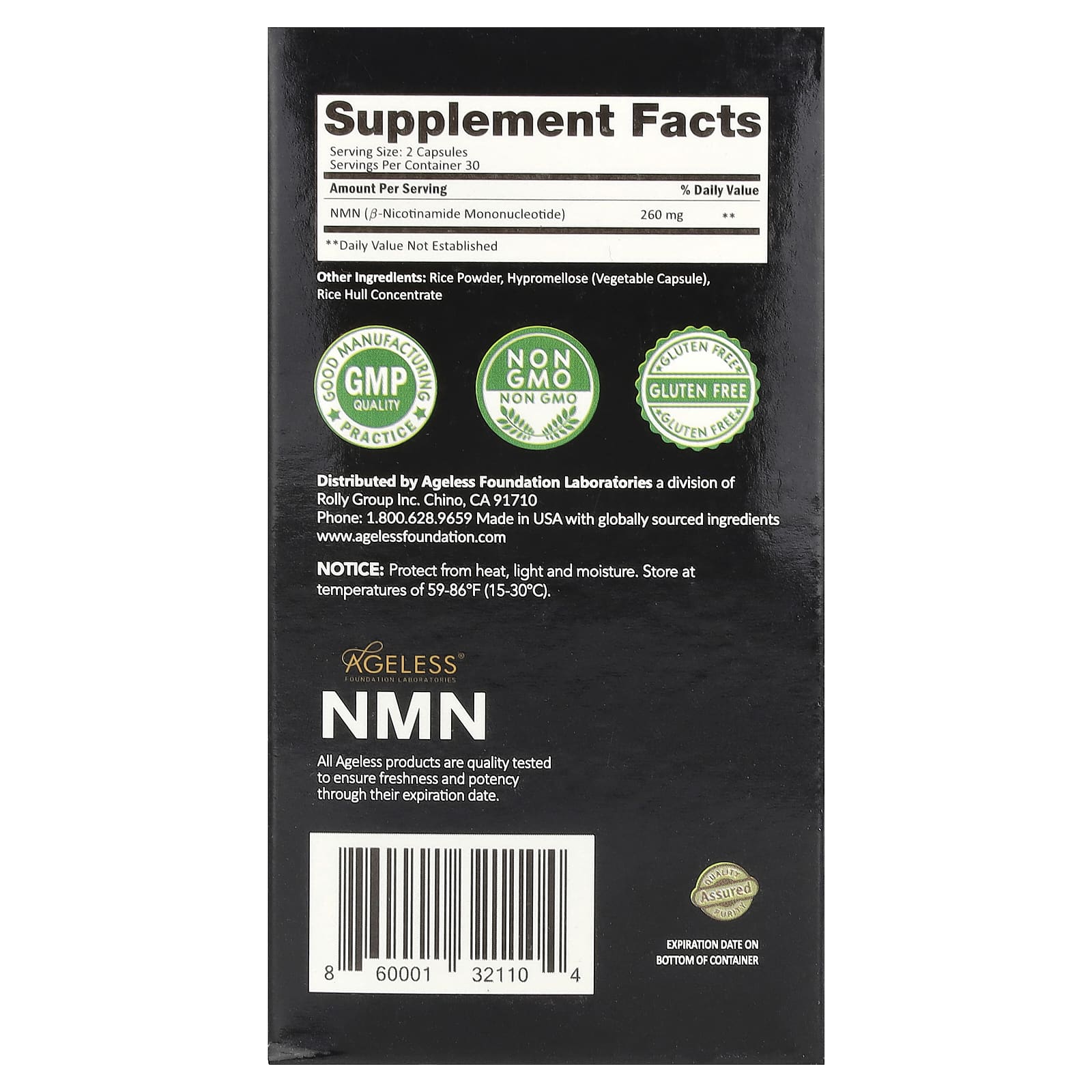 Ageless Foundation Laboratories, NMN, NAD Precursor Supplement, 60 Capsules (130 mg per Capsule) 