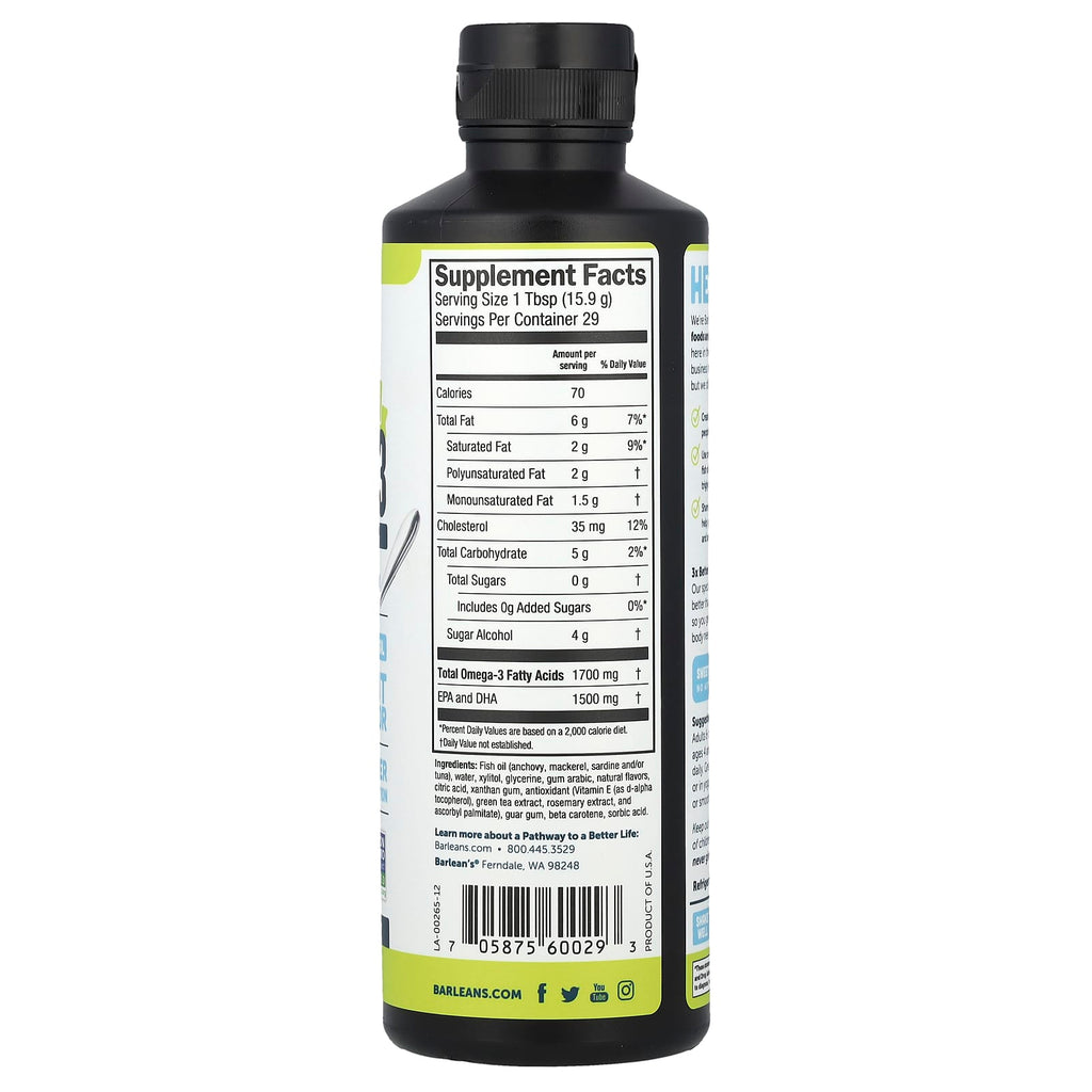 Barlean's, Seriously Delicious®, Omega-3 From Fish Oil, Citrus Sorbet, 16 oz (454 g)