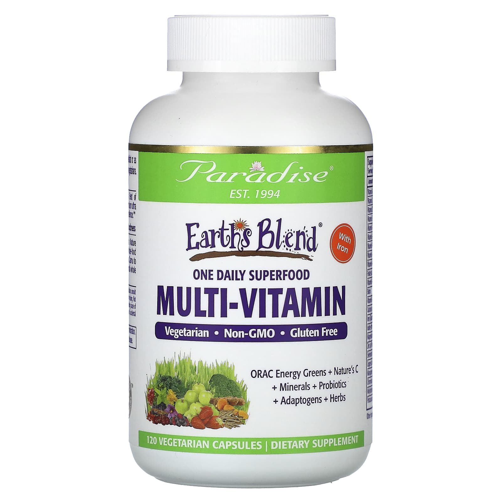 Paradise Herbs, Earth's Blend, One Daily Superfood Multi-Vitamin with Iron, 120 Vegetarian Capsules