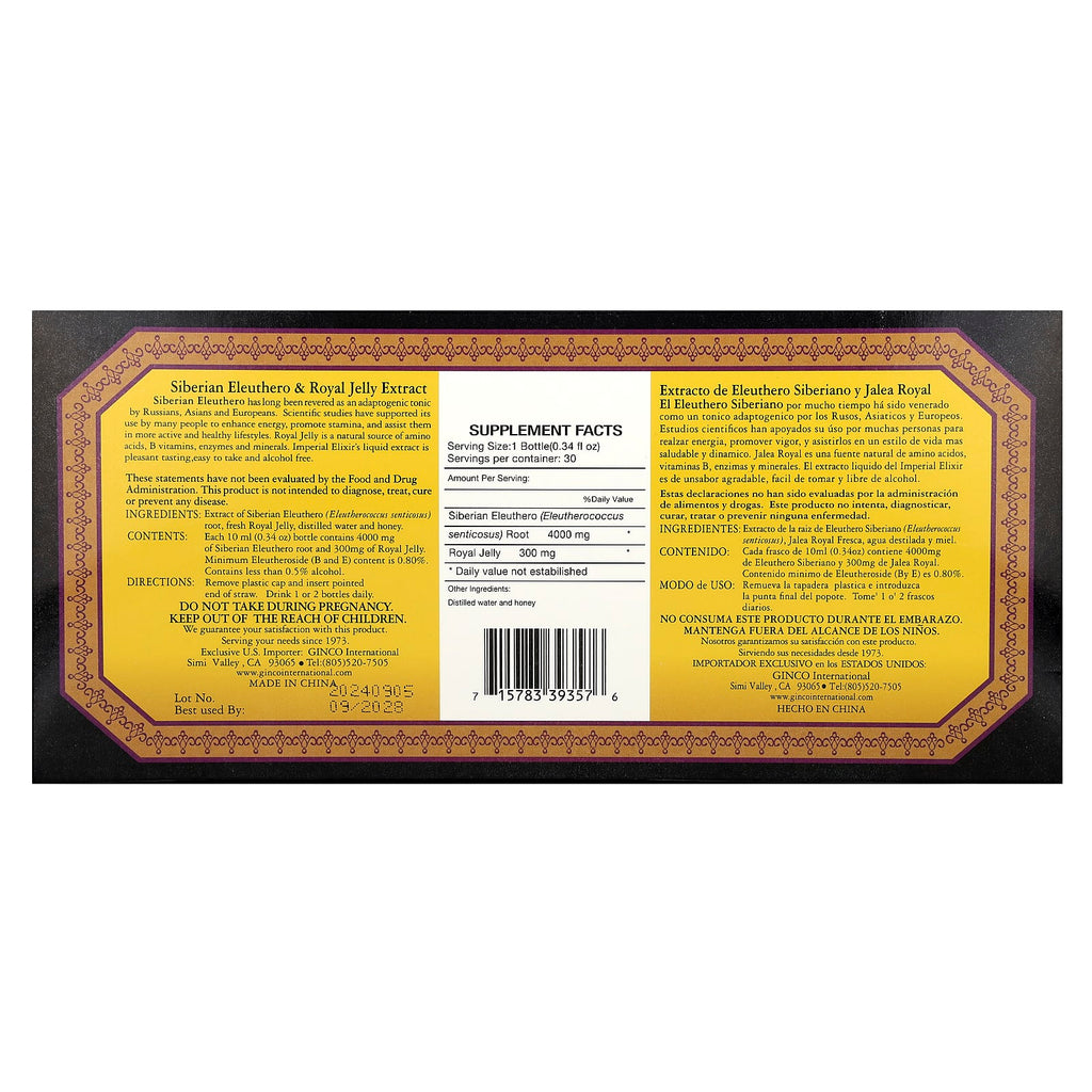 Imperial Elixir, Siberian Eleuthero & Royal Jelly Extract, Alcohol Free, 30 Bottles, 0.34 fl oz (10 ml) Each