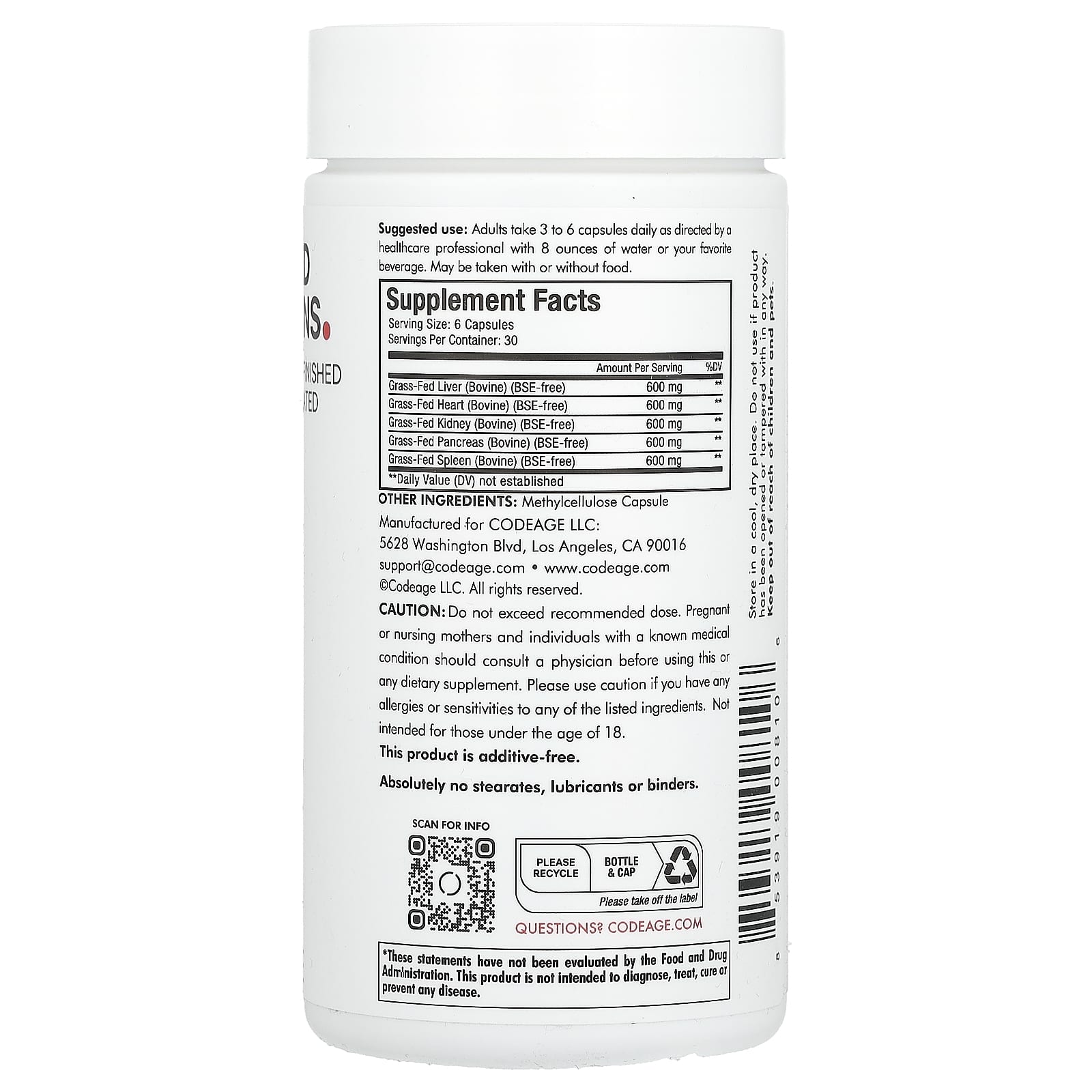 Codeage, Grass-Fed Beef Organs, 180 Capsules