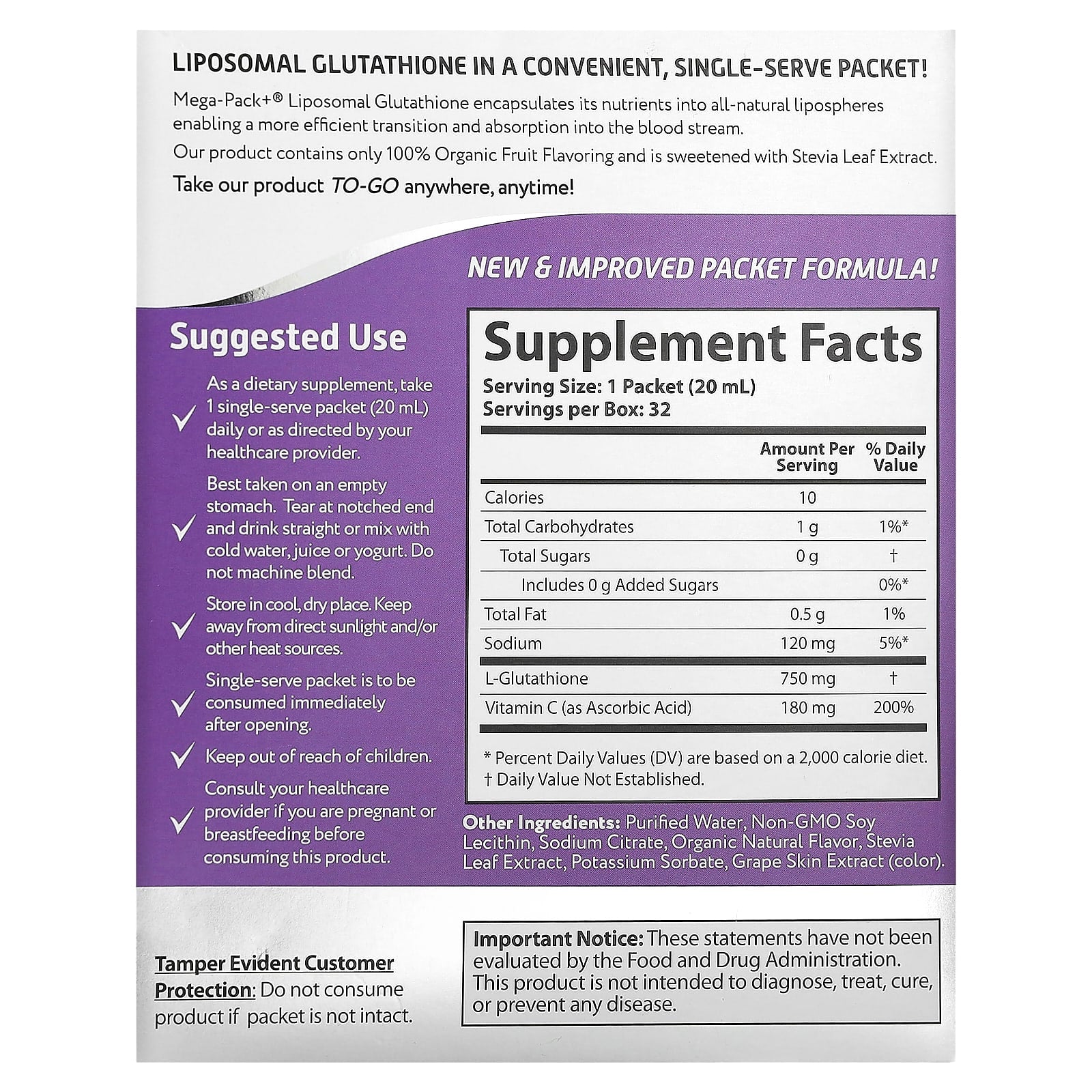 Aurora Nutrascience, Mega-Pack+®, Liposomal Glutathione, 32 Packets, 0.68 fl oz (20 ml) Each