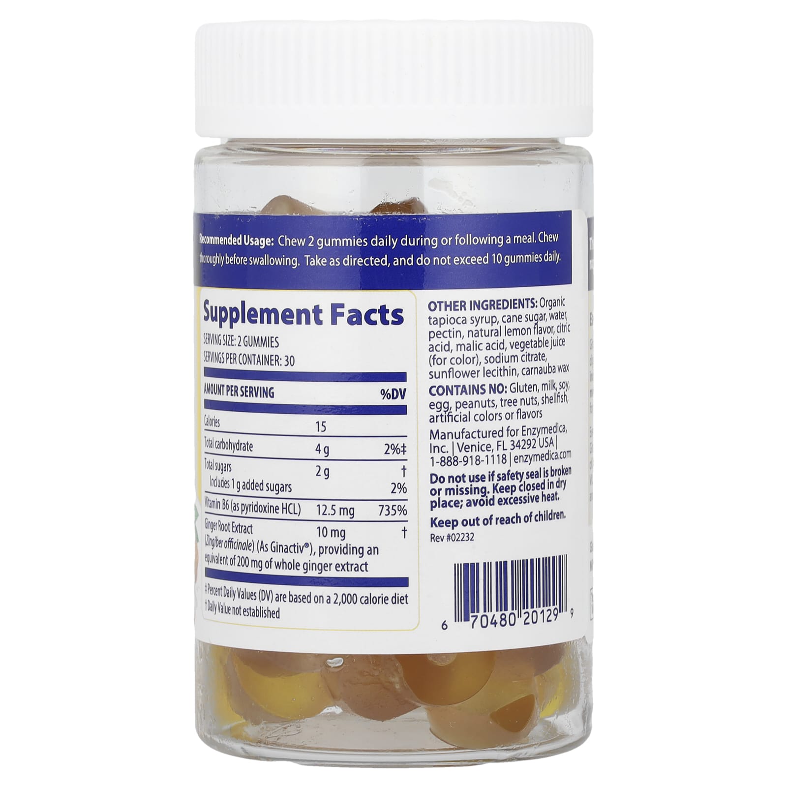 Enzymedica, Ginger & Vitamin B6 Gummies, Lemon Ginger, 60 Gummies