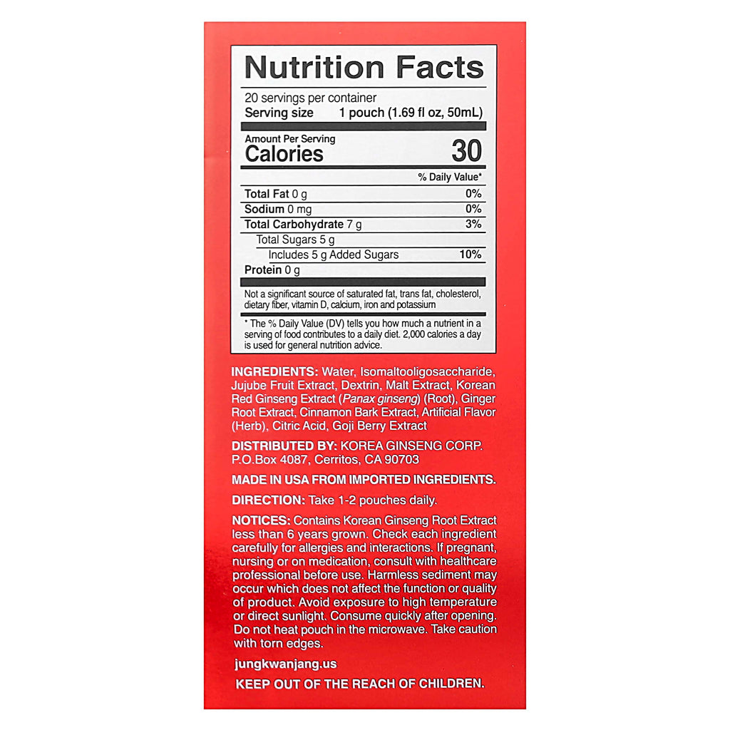 JungKwanJang, Korean Red Ginseng Herbal Drink, 20 Pouches, 1.69 fl oz (50 ml) Each