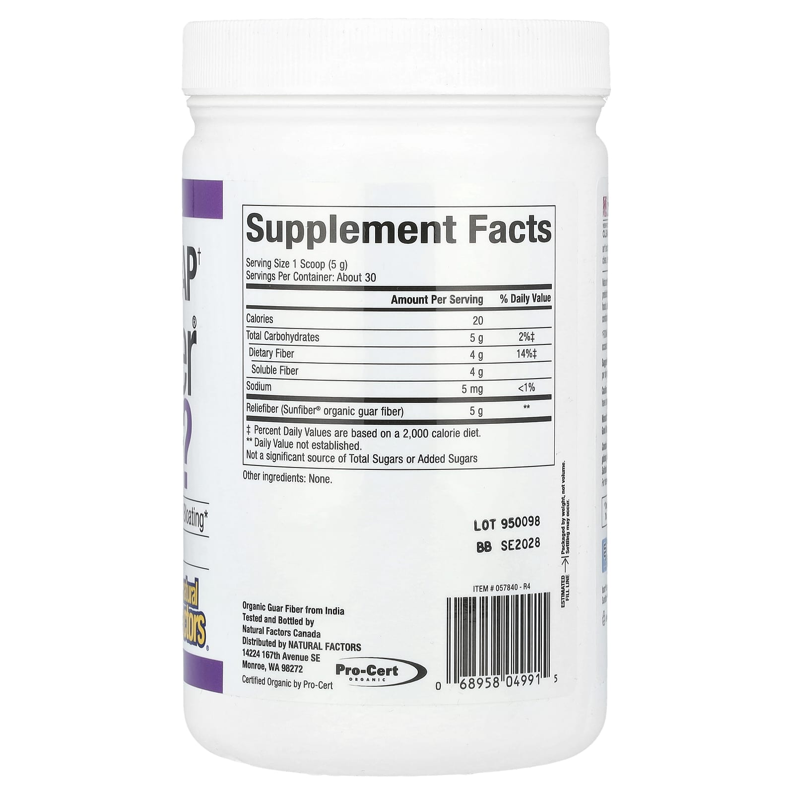 Natural Factors, Organic Low Fodmap† Reliefiber®, Unflavored, 5.3 oz (150 g)