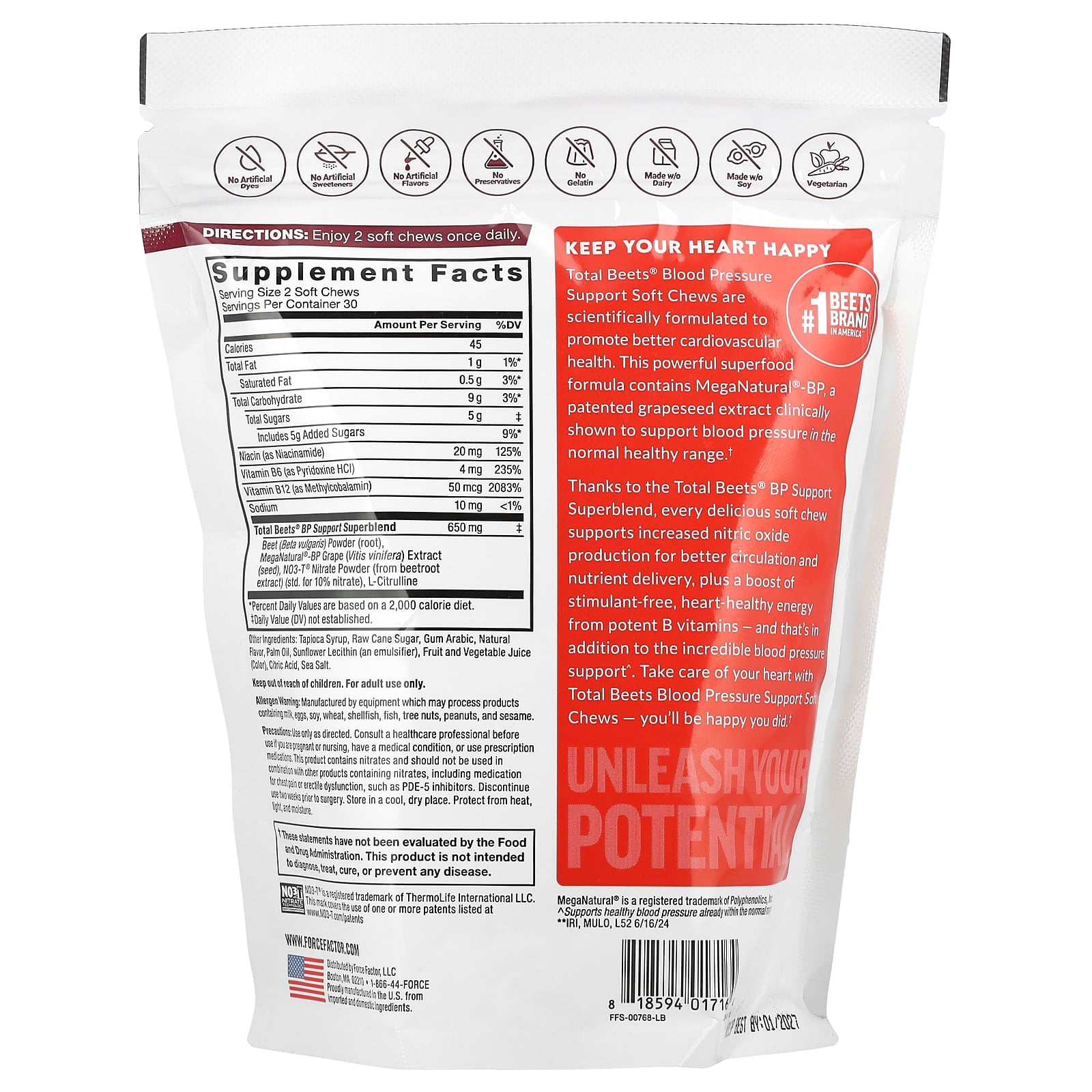 Force Factor, Total Beets®, Blood Pressure Support, Acai Berry, 60 Soft Chews