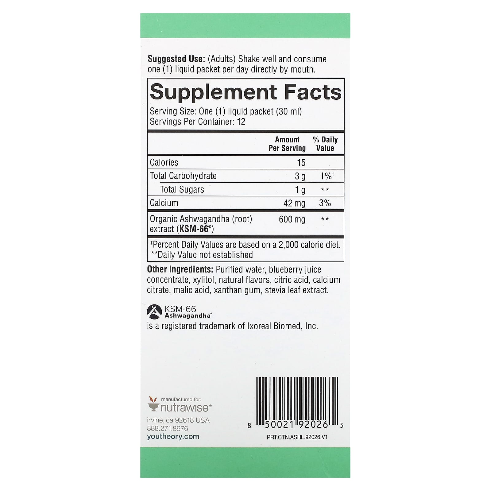 Youtheory, Ashwagandha Liquid, Blueberry, 600 mg, 12 Pouches, 1 fl oz (30 ml) Each