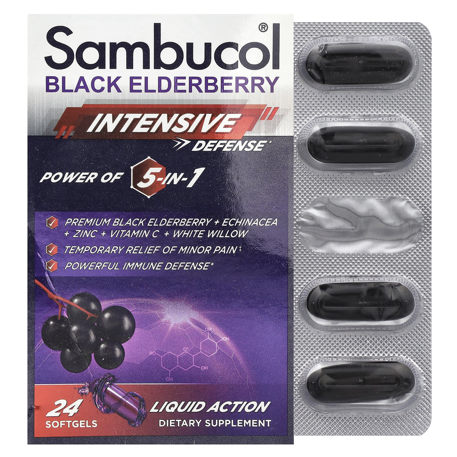 Sambucol, Black Elderberry, Intensive Defense, Power of 5-in-1, 24 Softgels