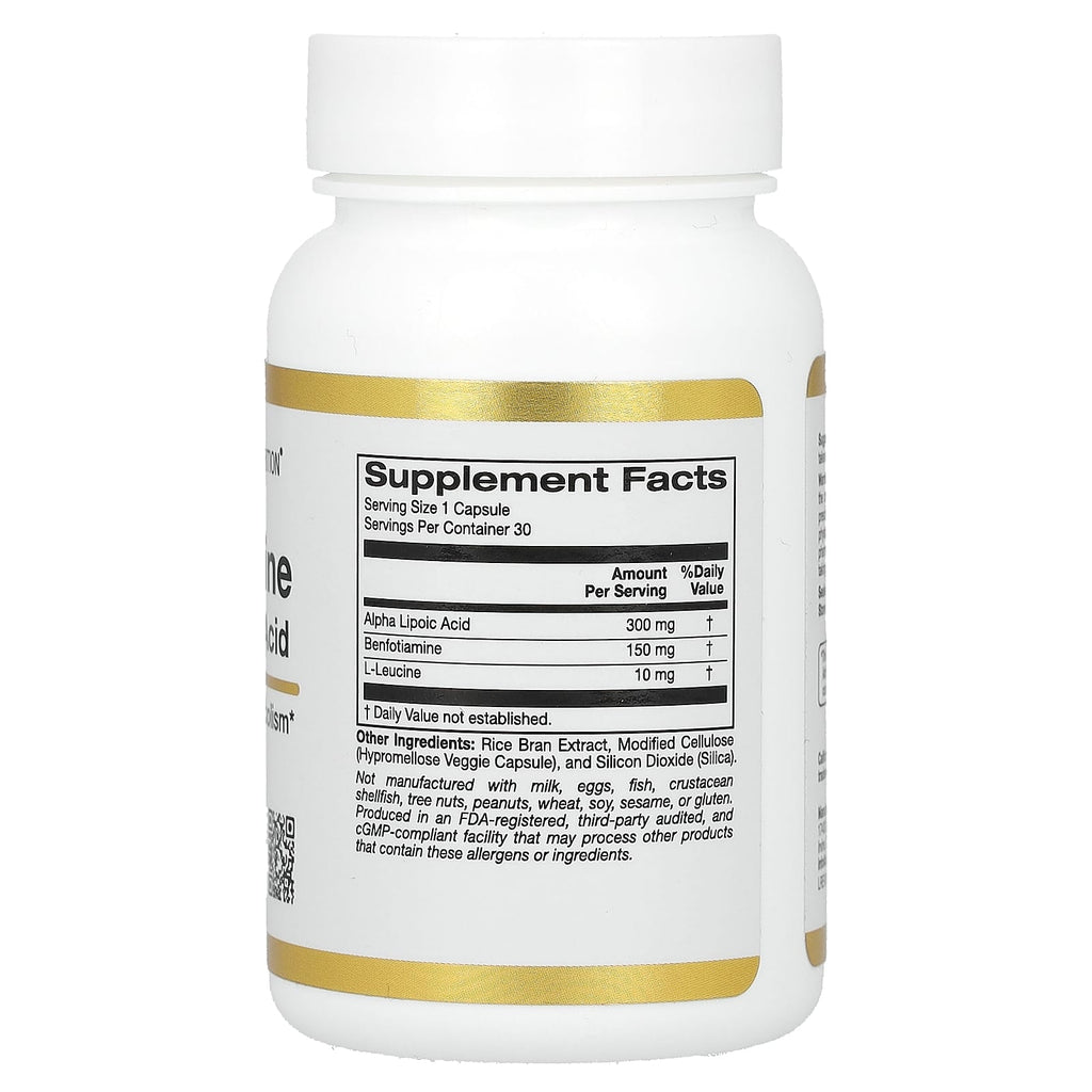 California Gold Nutrition, Benfotiamine + Alpha Lipoic Acid and L-Leucine, 30 Veggie Capsules