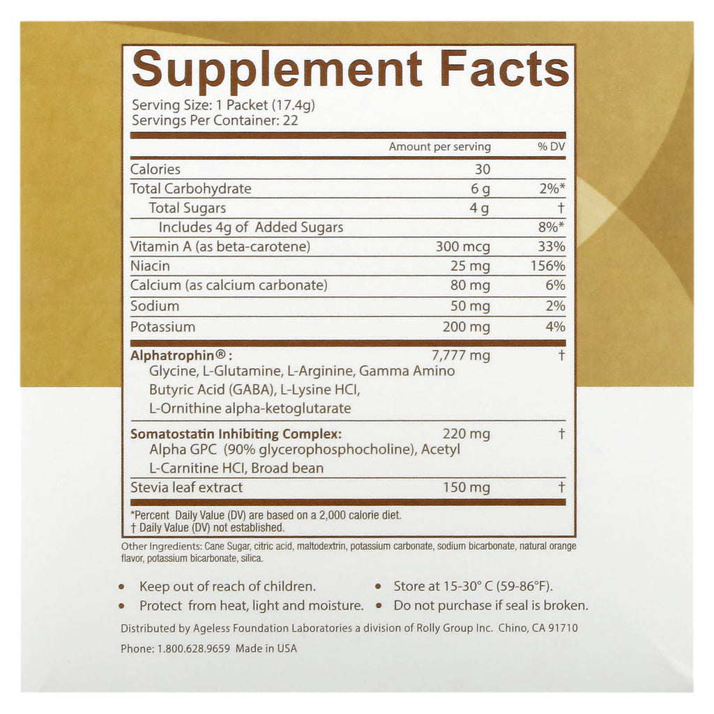 Ageless Foundation Laboratories, UltraMax Gold, Advanced Rejuvenation Formula with Alphatrophin, Valencia Orange, 22 Packets, 0.61 oz (17.4 g) Each