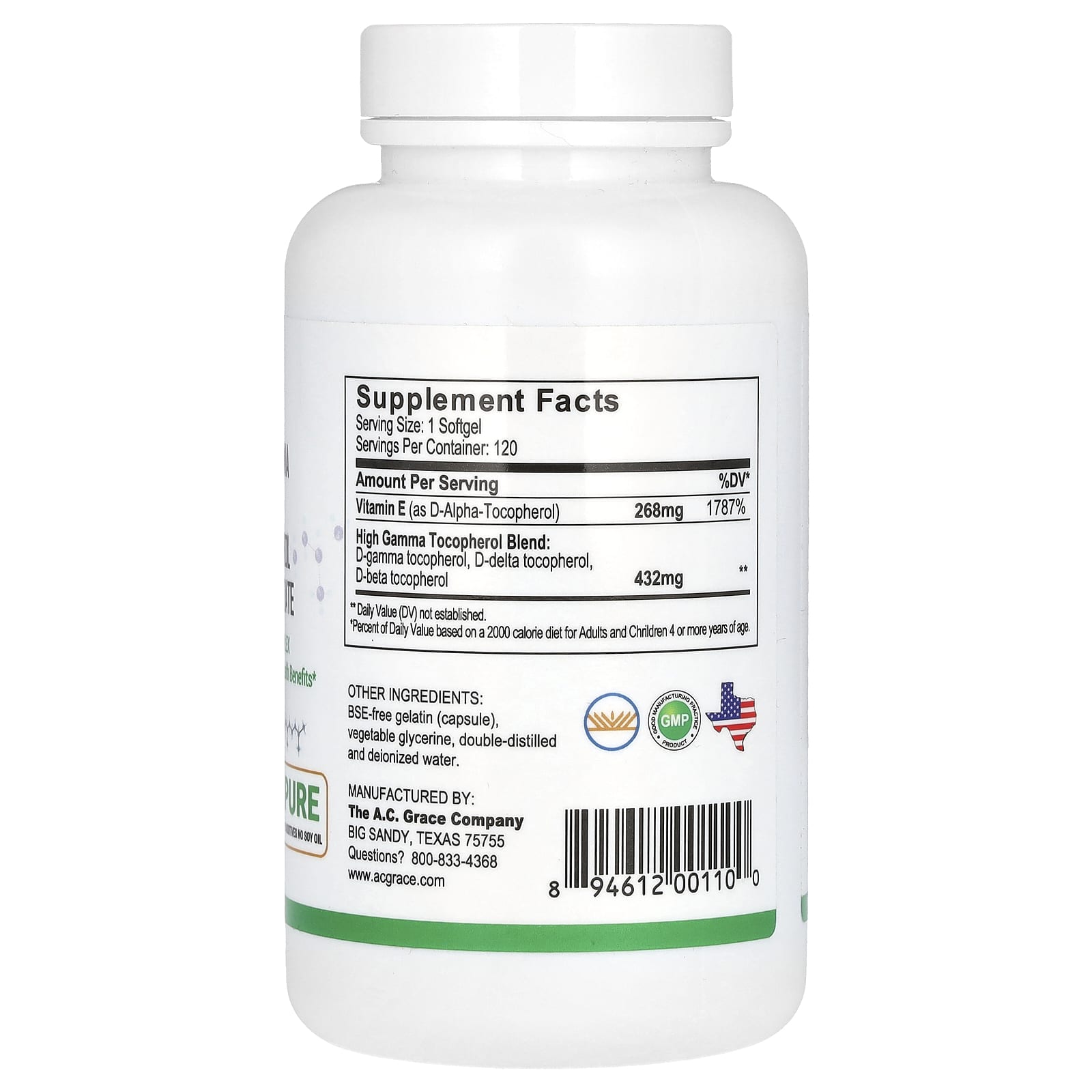 A.C. Grace Company, Unique E, High Gamma, Mixed Tocopherol Concentrate, 120 Softgels