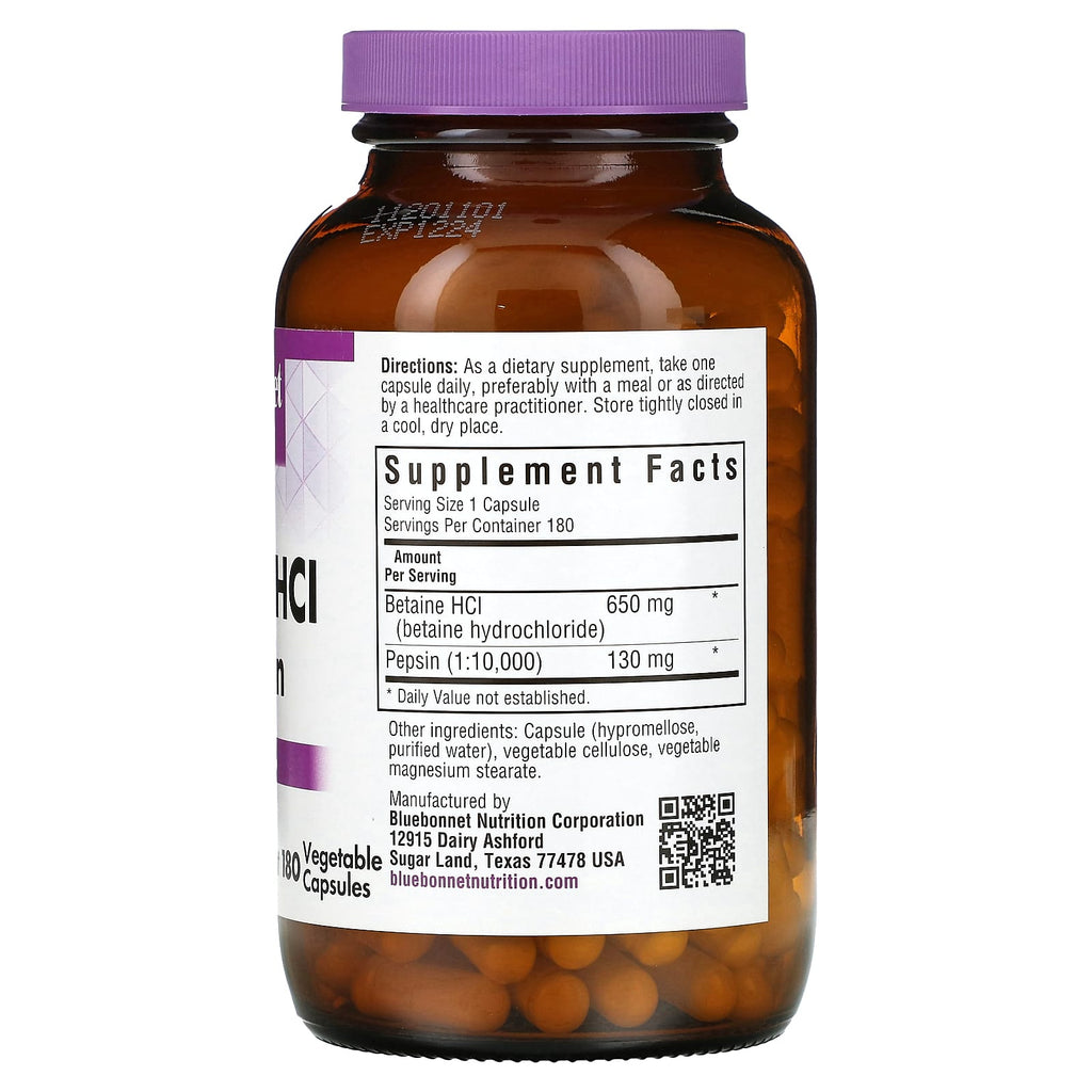 Bluebonnet Nutrition, Betaine HCl & Pepsin, 180 Vegetable Capsules