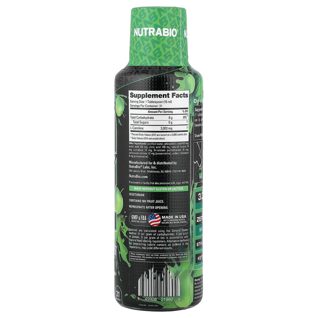 NutraBio, LeanShots L-Carnitine 3000, Green Apple, 16 fl oz (473 ml)