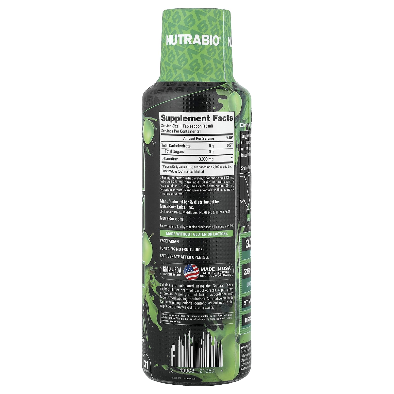 NutraBio, LeanShots L-Carnitine 3000, Green Apple, 16 fl oz (473 ml)