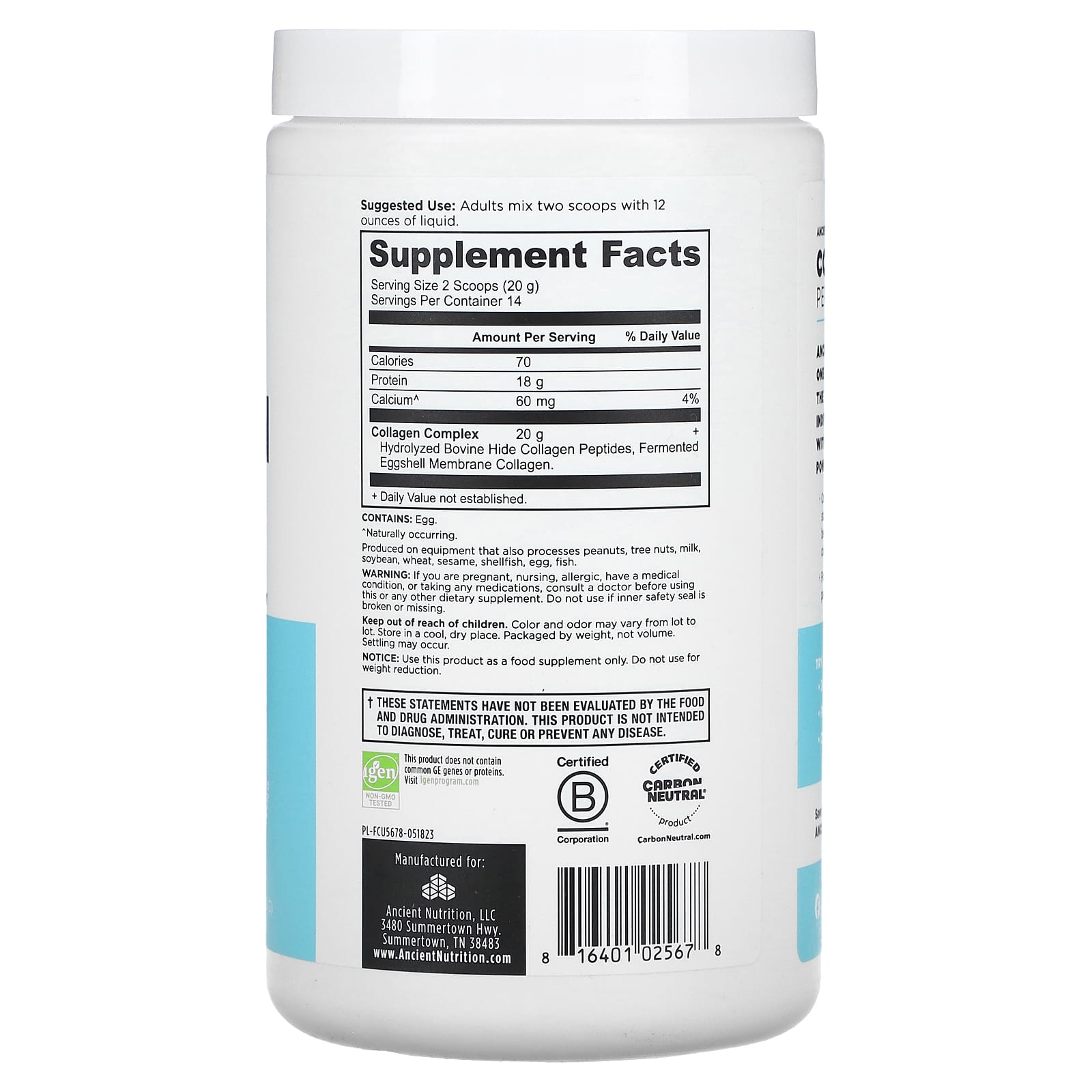 Ancient Nutrition, Collagen Peptides, Unflavored, 9.88 oz (280 g)