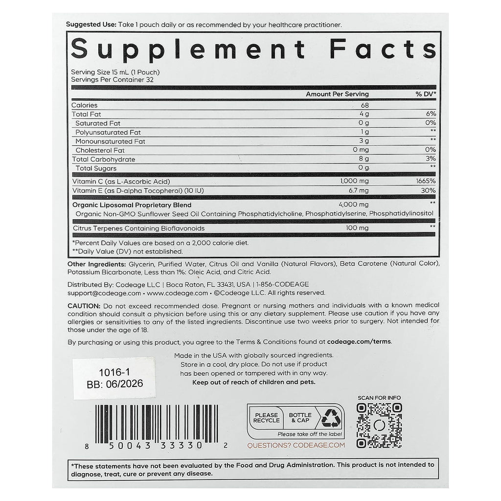 Codeage, Nanofood, Liposomal Vitamin C, Citrus Vanilla, 32 Pouches, 0.5 fl oz (15 ml) Each