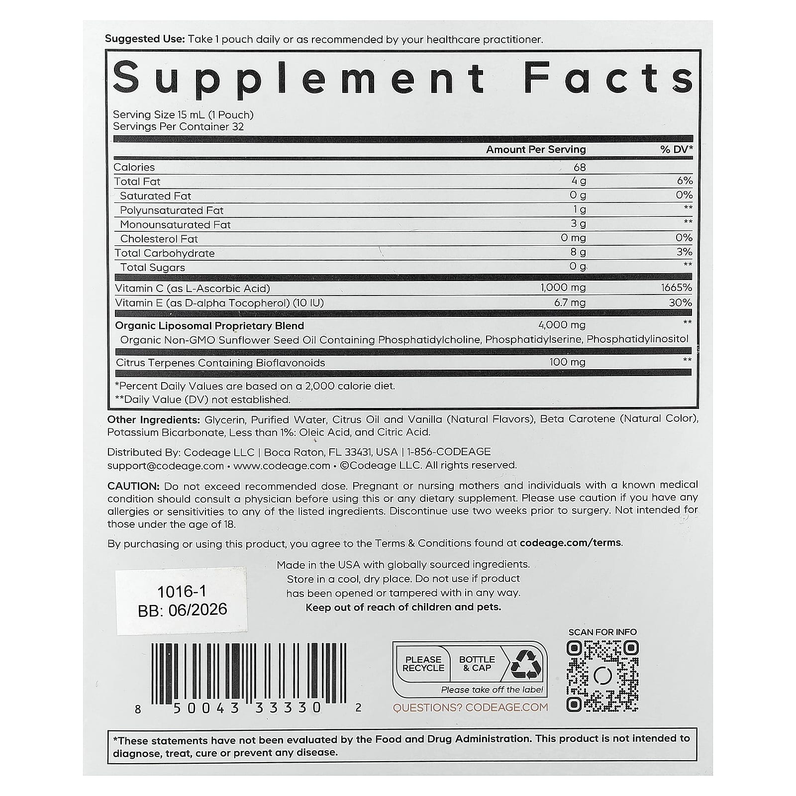 Codeage, Nanofood, Liposomal Vitamin C, Citrus Vanilla, 32 Pouches, 0.5 fl oz (15 ml) Each