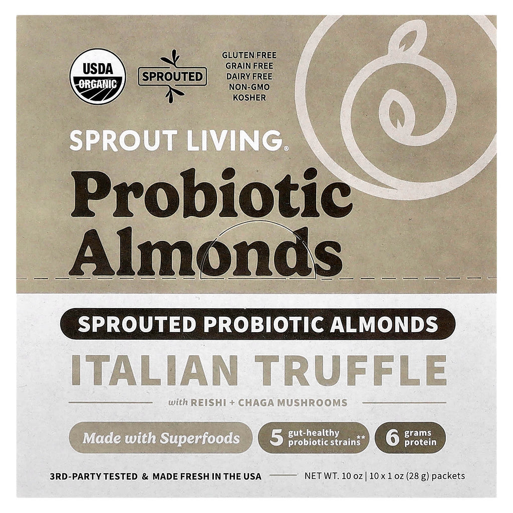 Sprout Living, Probiotic Almonds, Italian Truffle with Reishi + Chaga Mushrooms , 10 Packets, 1 oz (28 g) Each