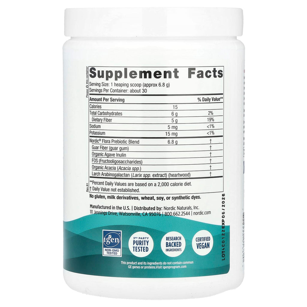 Nordic Naturals, Nordic Flora Prebiotic Fiber Blend Powder, Unflavored, 7.2 oz (204 g)