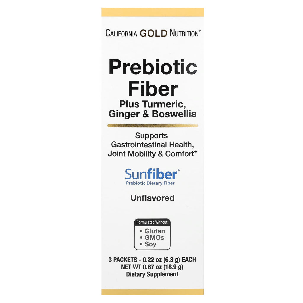 California Gold Nutrition, Prebiotic Fiber Plus Turmeric Extract, Organic Ginger Extract and Boswellia Extract , 3 Packets, 0.22 oz (6.3 g) Each