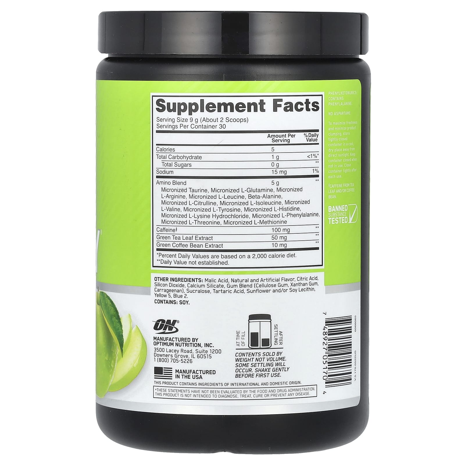 Optimum Nutrition, Essential Amin.O. Energy, Green Apple, 9.5 oz (270 g)