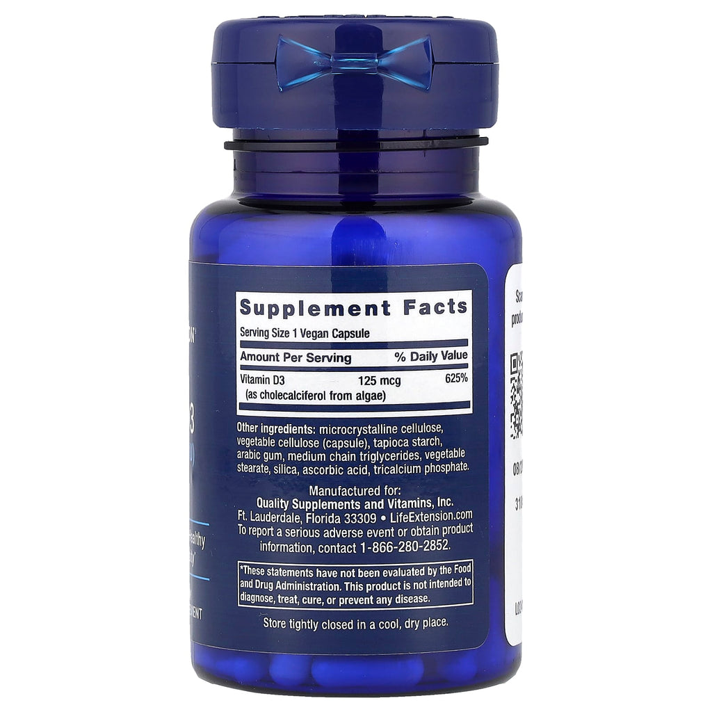 Life Extension, Vegan Vitamin D3, 125 mcg (5000 IU), 60 Vegan Capsules