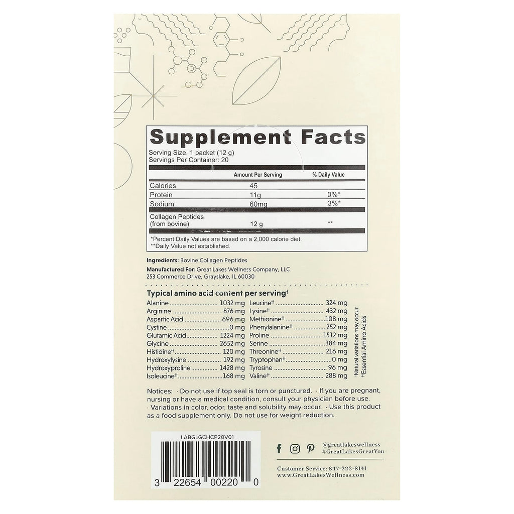 Great Lakes Wellness, Grass-Fed Bovine Collagen Peptides, Unflavored, 20 Packs, 0.42 oz (12 g) Each