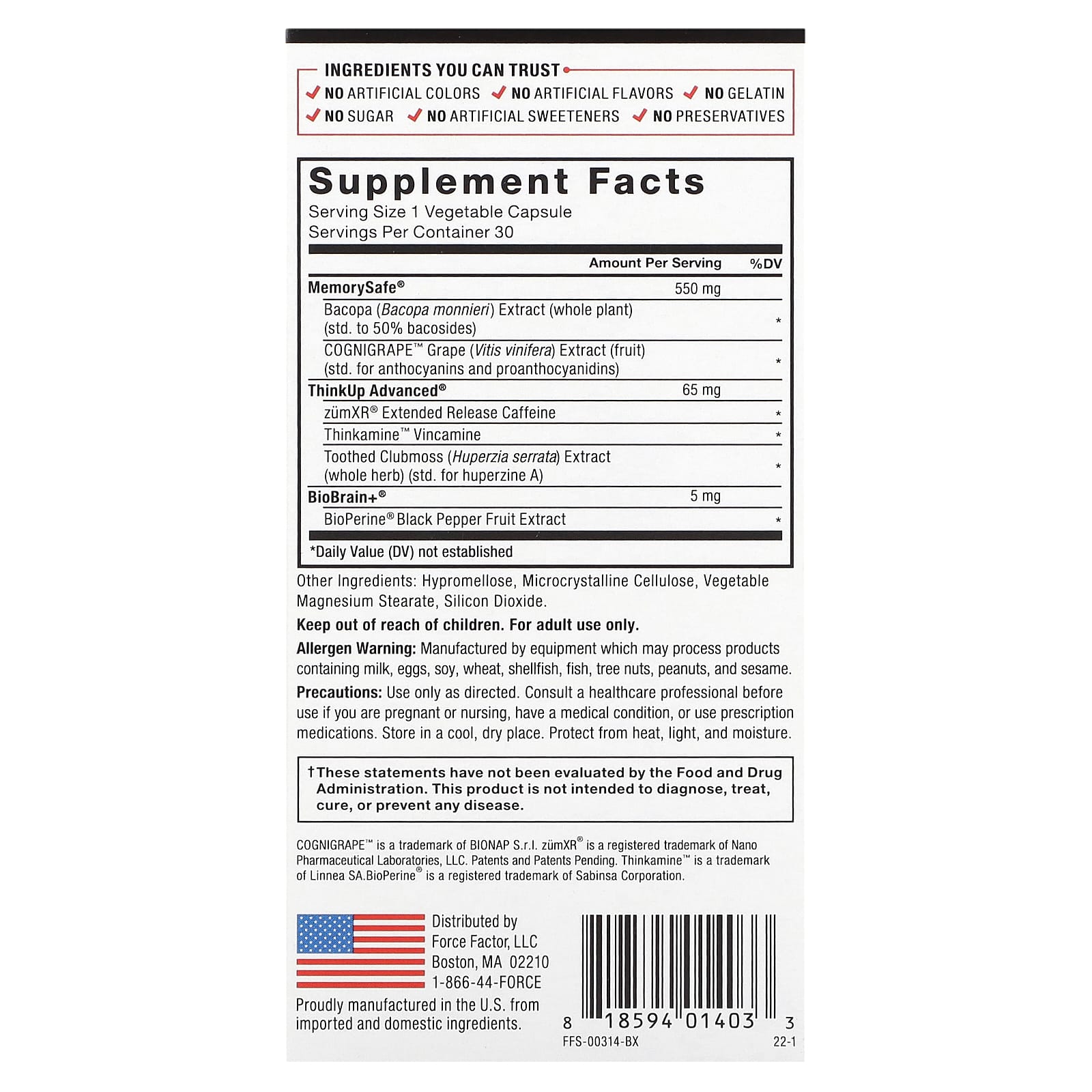 Force Factor, Forebrain, 30 Vegetable Capsules