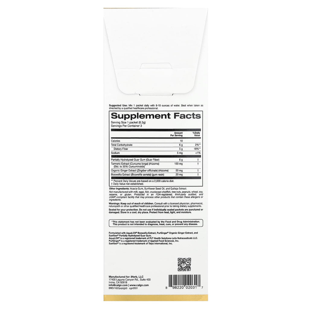 California Gold Nutrition, Prebiotic Fiber Plus Turmeric Extract, Organic Ginger Extract and Boswellia Extract , 3 Packets, 0.22 oz (6.3 g) Each
