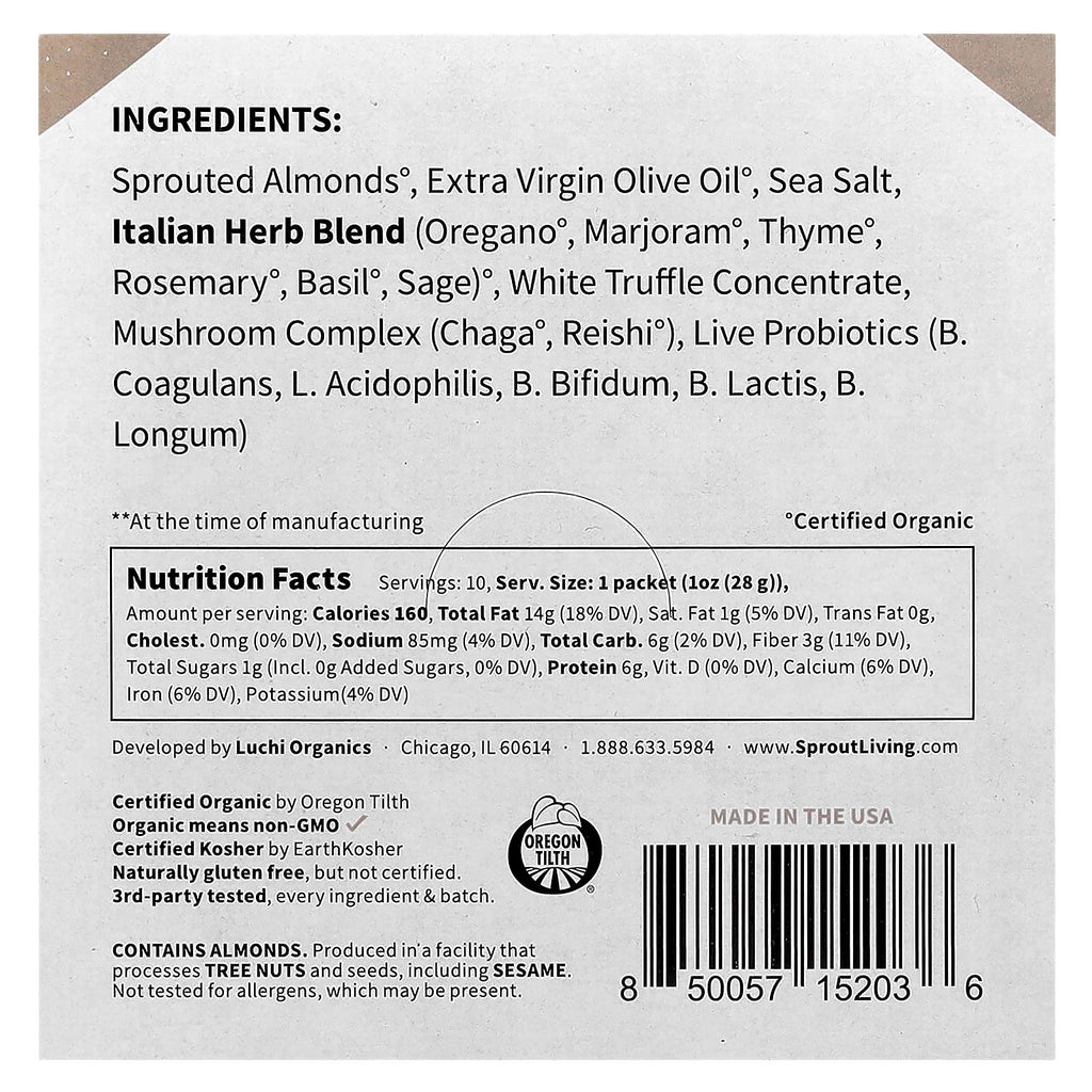 Sprout Living, Probiotic Almonds, Italian Truffle with Reishi + Chaga Mushrooms , 10 Packets, 1 oz (28 g) Each