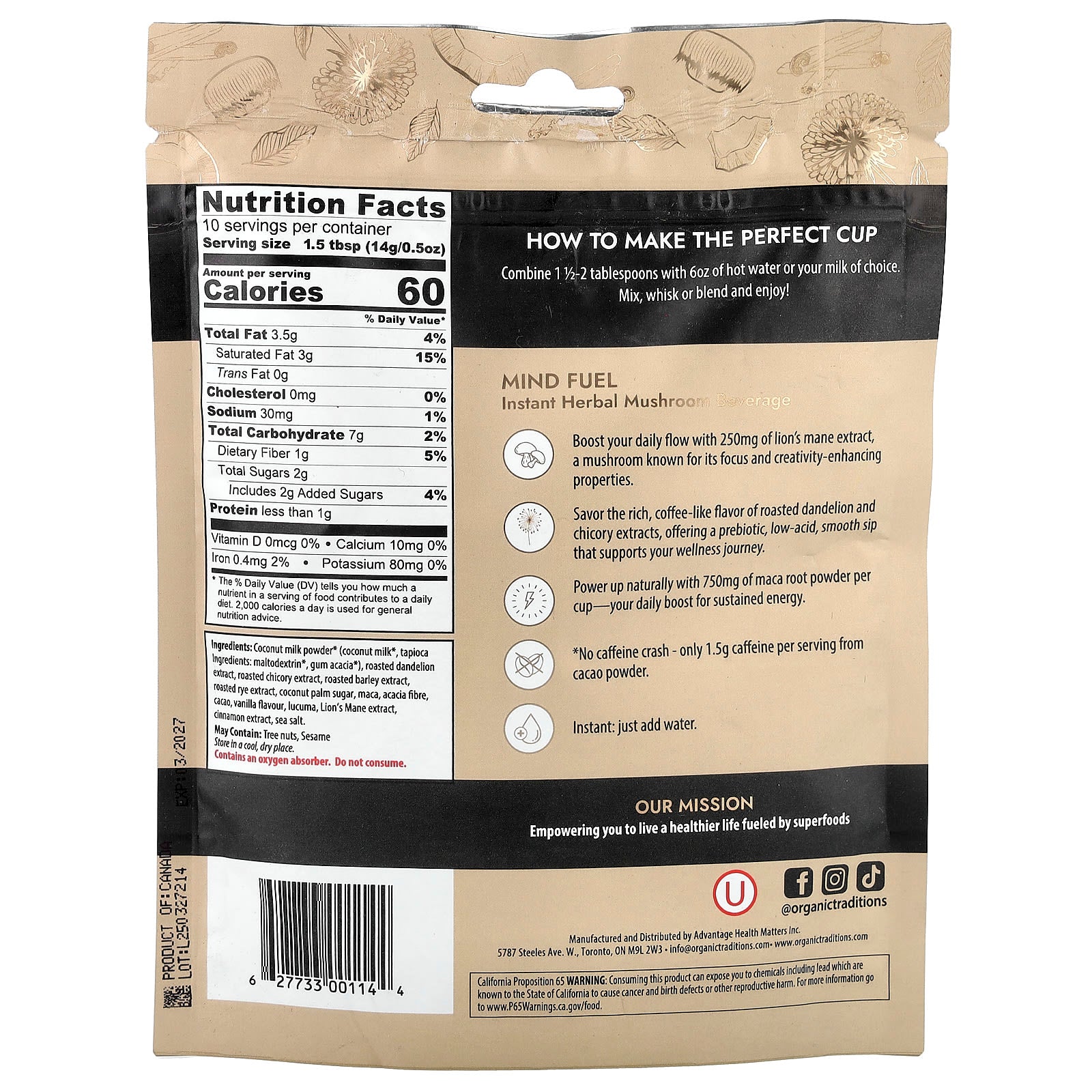Organic Traditions, Instant Herbal Mushroom Beverage, Mind Fuel, Caffeine Free, 5 oz (140 g)