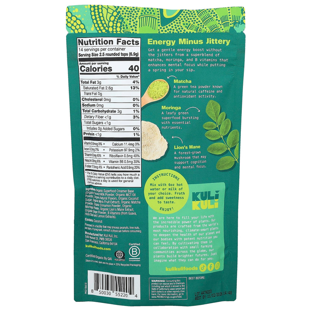 Kuli Kuli, Organic Superfood Latte, Matcha Moringa, 3.41 oz (96.6 g)