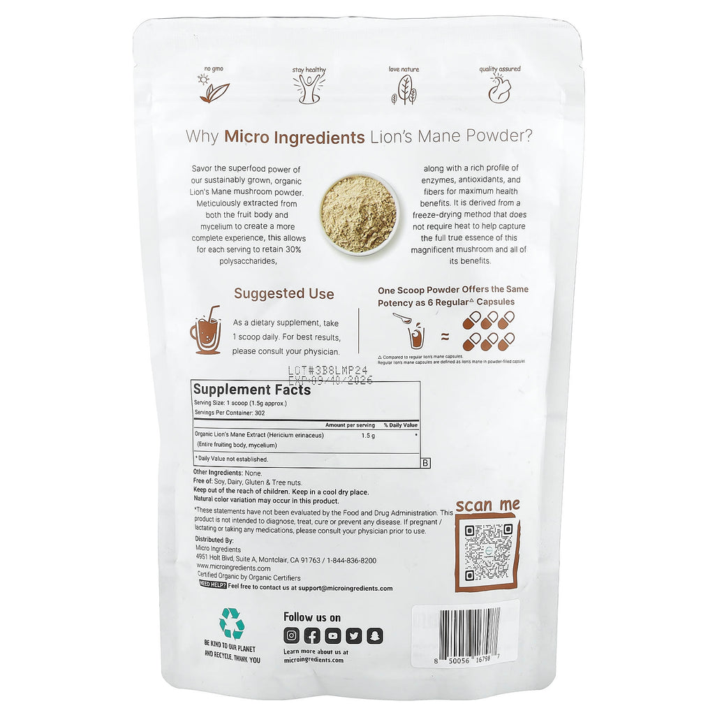 Micro Ingredients, Organic Lion's Mane Powder, 1 lb (454 g)