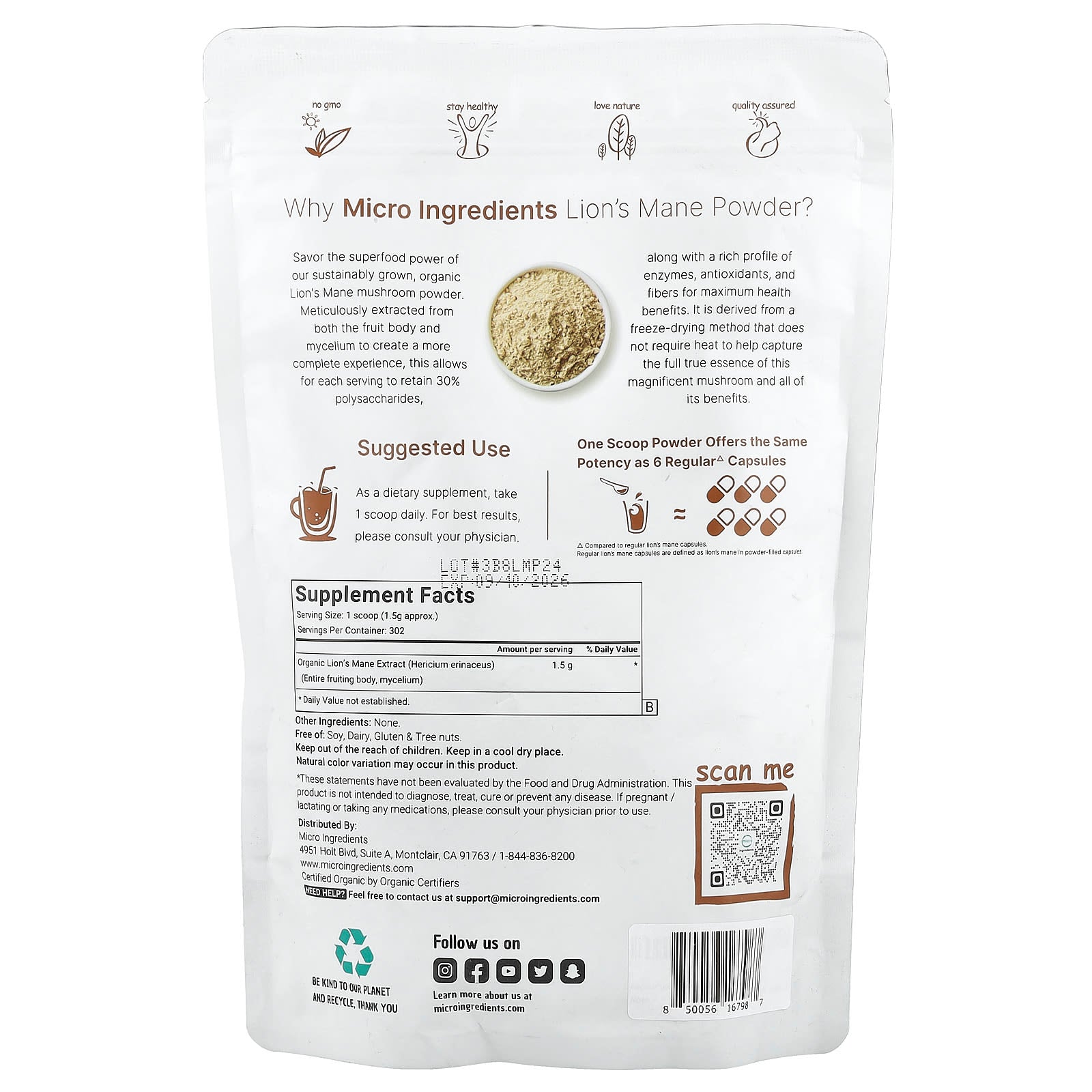 Micro Ingredients, Organic Lion's Mane Powder, 1 lb (454 g)