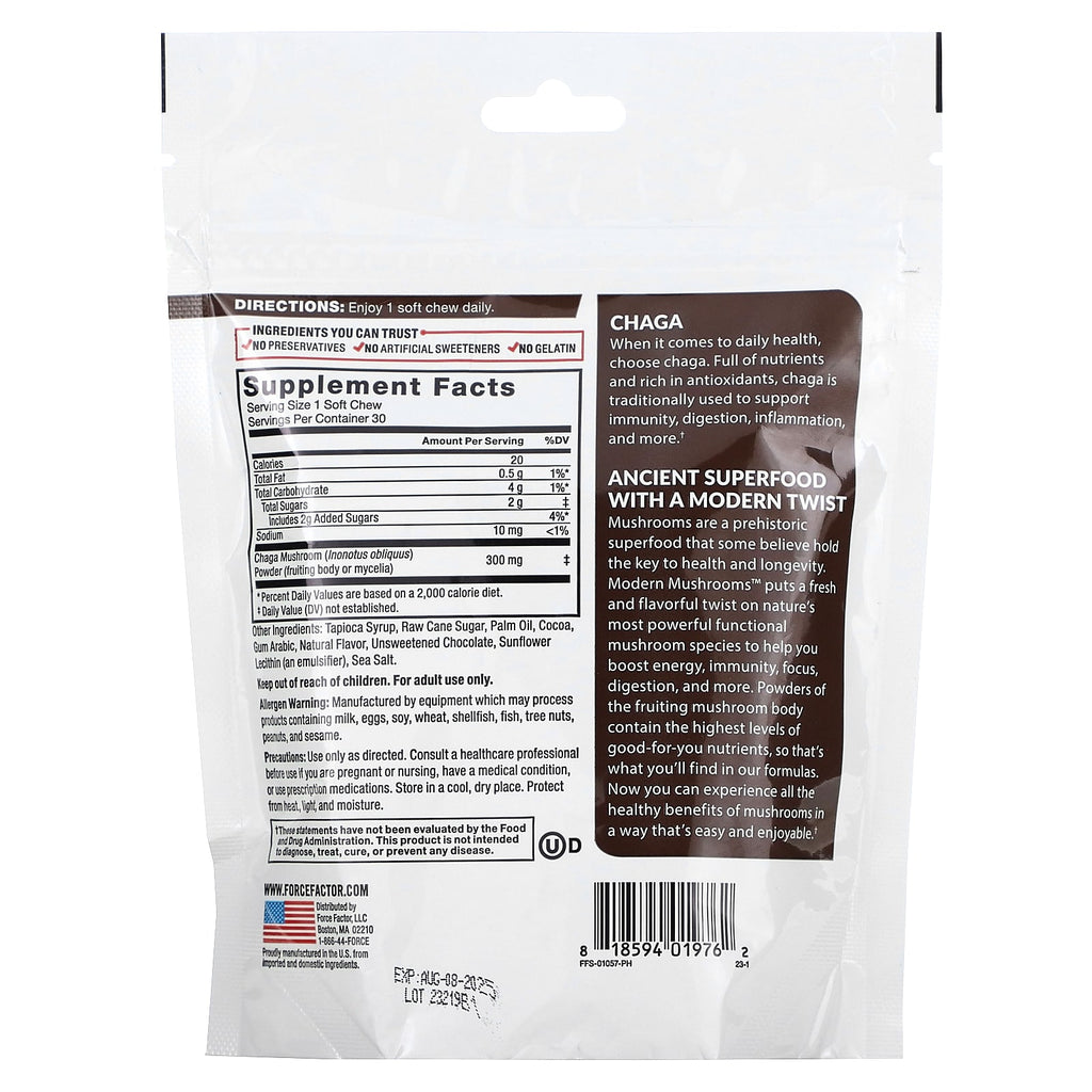 Force Factor, Modern Mushrooms™, Chaga, Chewy Chocolate Roll, 300 mg, 30 Superfood Soft Chews 