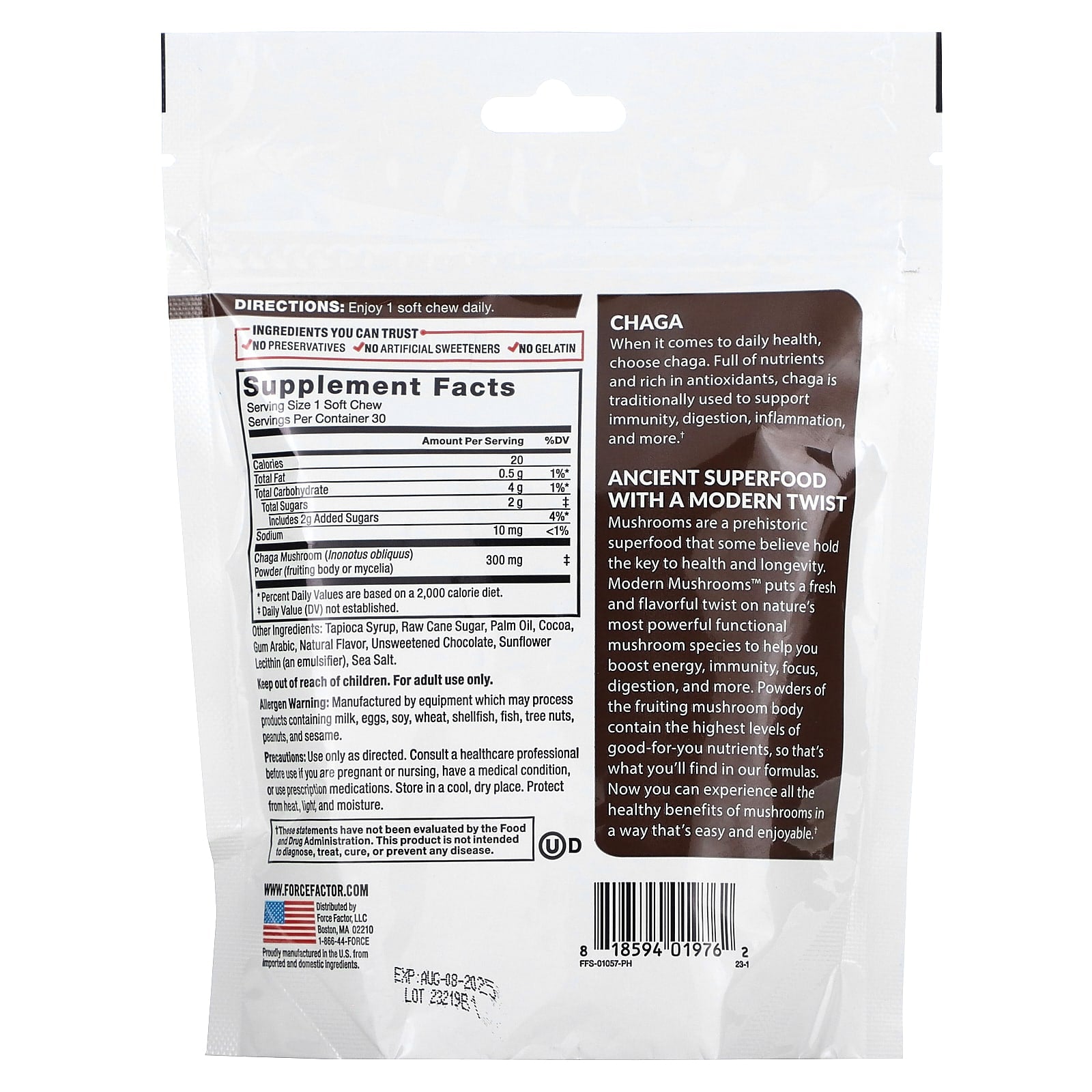 Force Factor, Modern Mushrooms™, Chaga, Chewy Chocolate Roll, 300 mg, 30 Superfood Soft Chews 