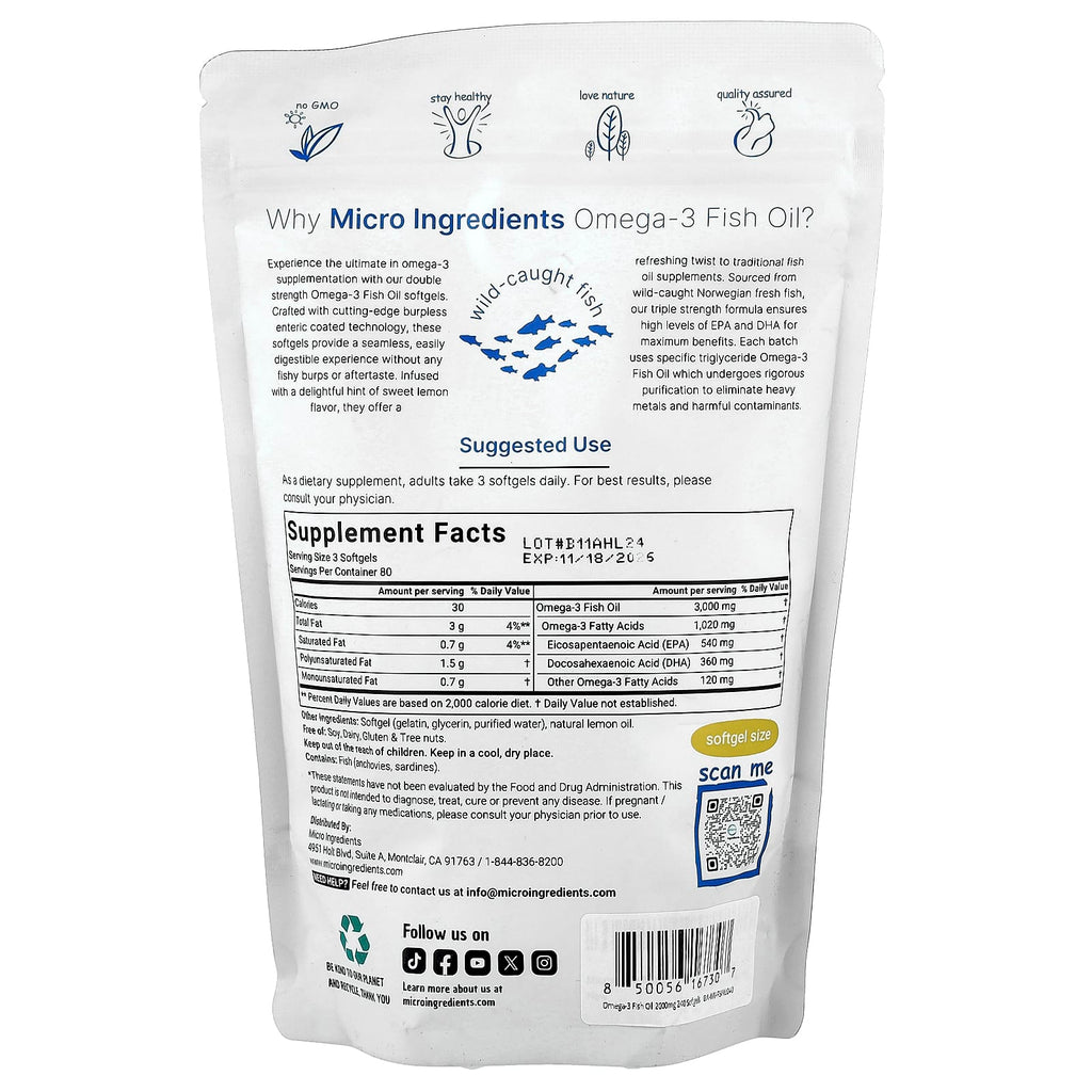 Micro Ingredients, Omega-3 Fish Oil, Lemon, 240 Softgels (1,000 mg per Softgels)