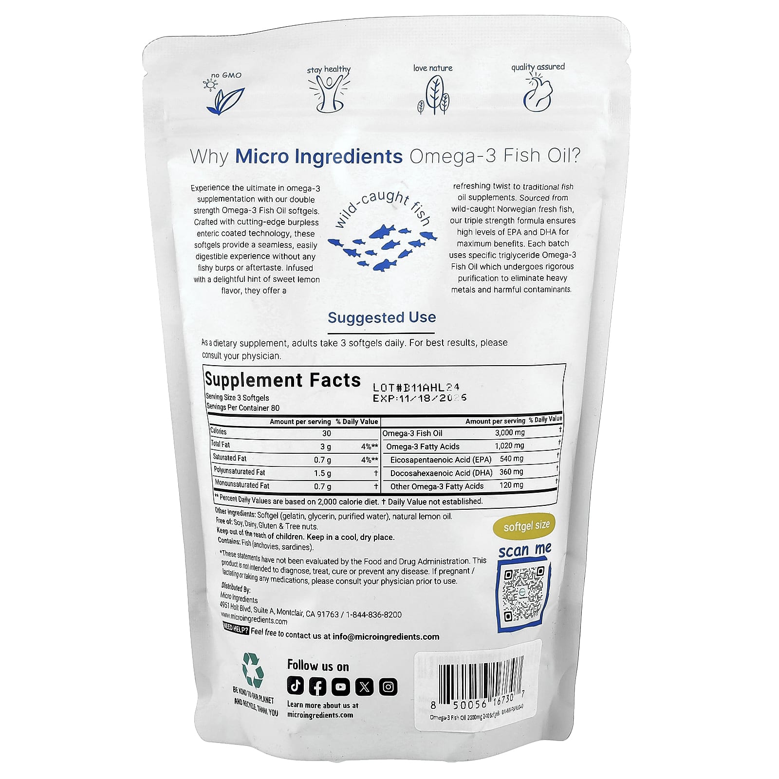 Micro Ingredients, Omega-3 Fish Oil, Lemon, 240 Softgels (1,000 mg per Softgels)