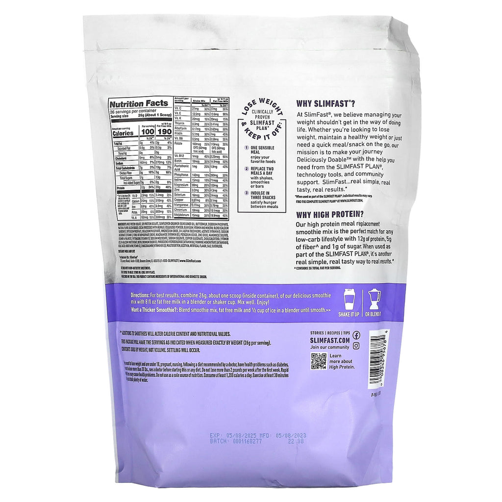 SlimFast, High Protein, Meal Replacement Smoothie Mix, Creamy Chocolate, 1.49 lb (676 g)