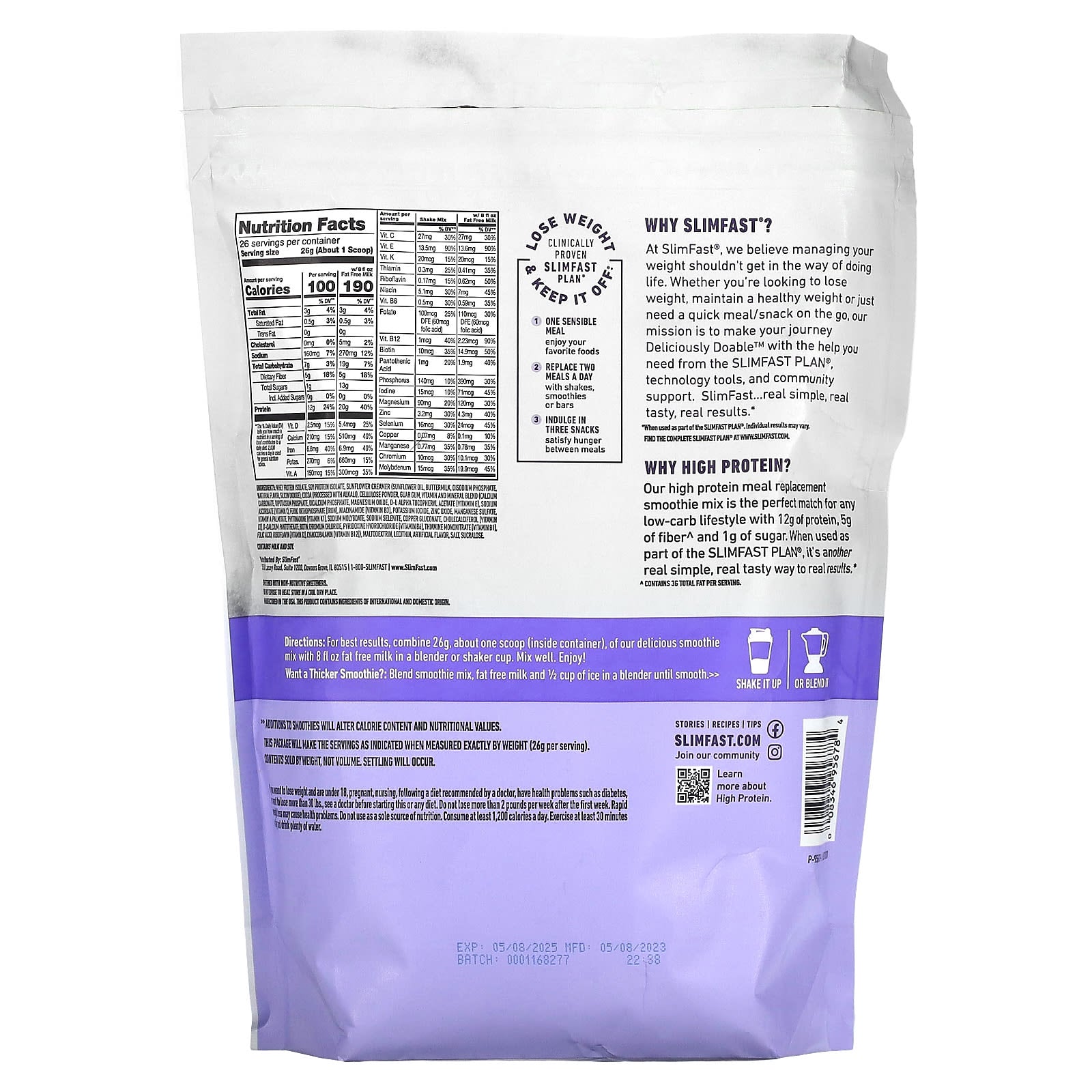 SlimFast, High Protein, Meal Replacement Smoothie Mix, Creamy Chocolate, 1.49 lb (676 g)