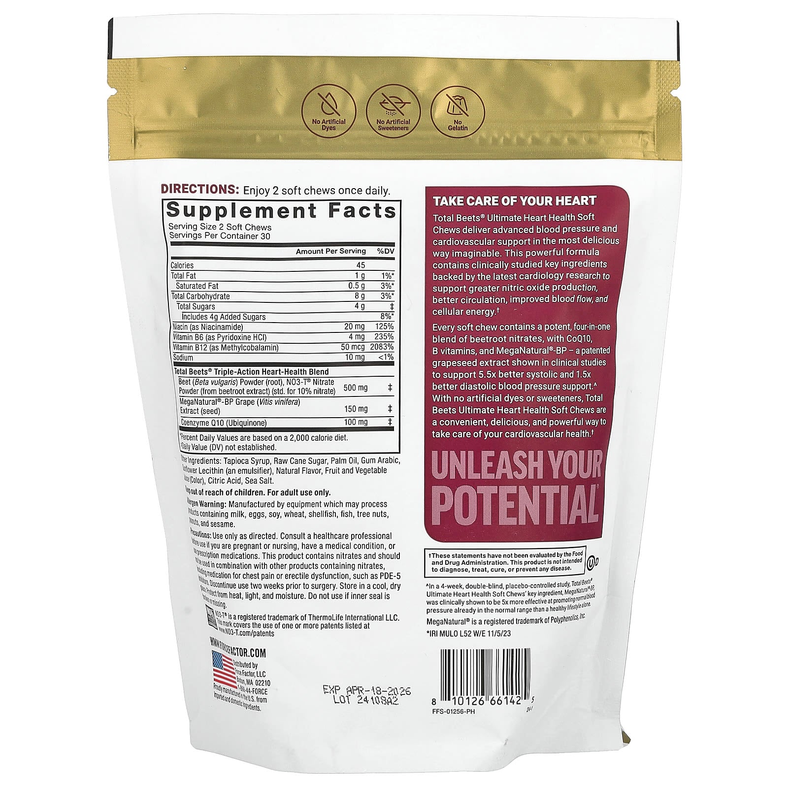 Force Factor, Total Beets® With CoQ10, Ultimate Heart Health, Black Cherry, 60 Superfood Soft Chews