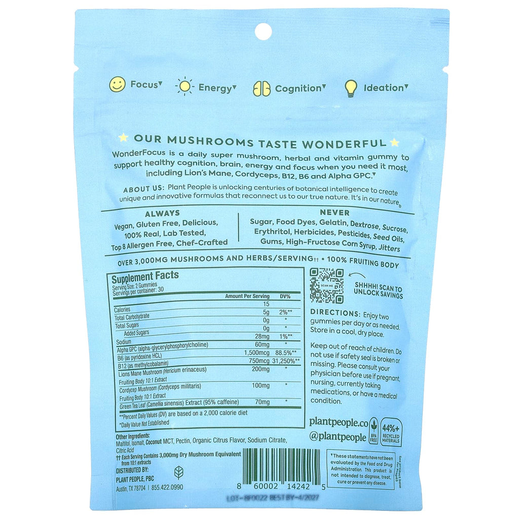 Plant People, WonderFocus®, Mushroom Gummies, Juicy Citrus, 60 Gummies