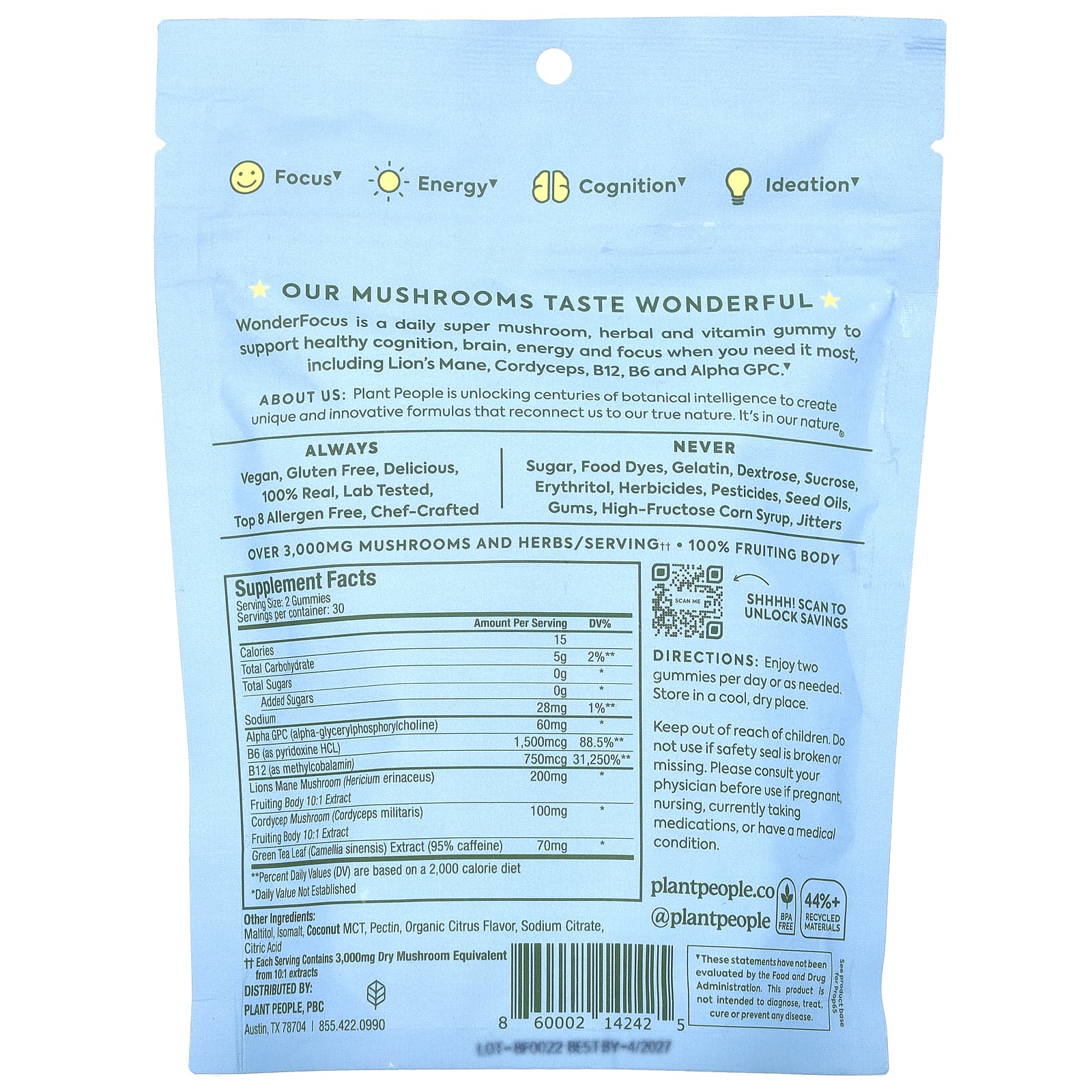 Plant People, WonderFocus®, Mushroom Gummies, Juicy Citrus, 60 Gummies