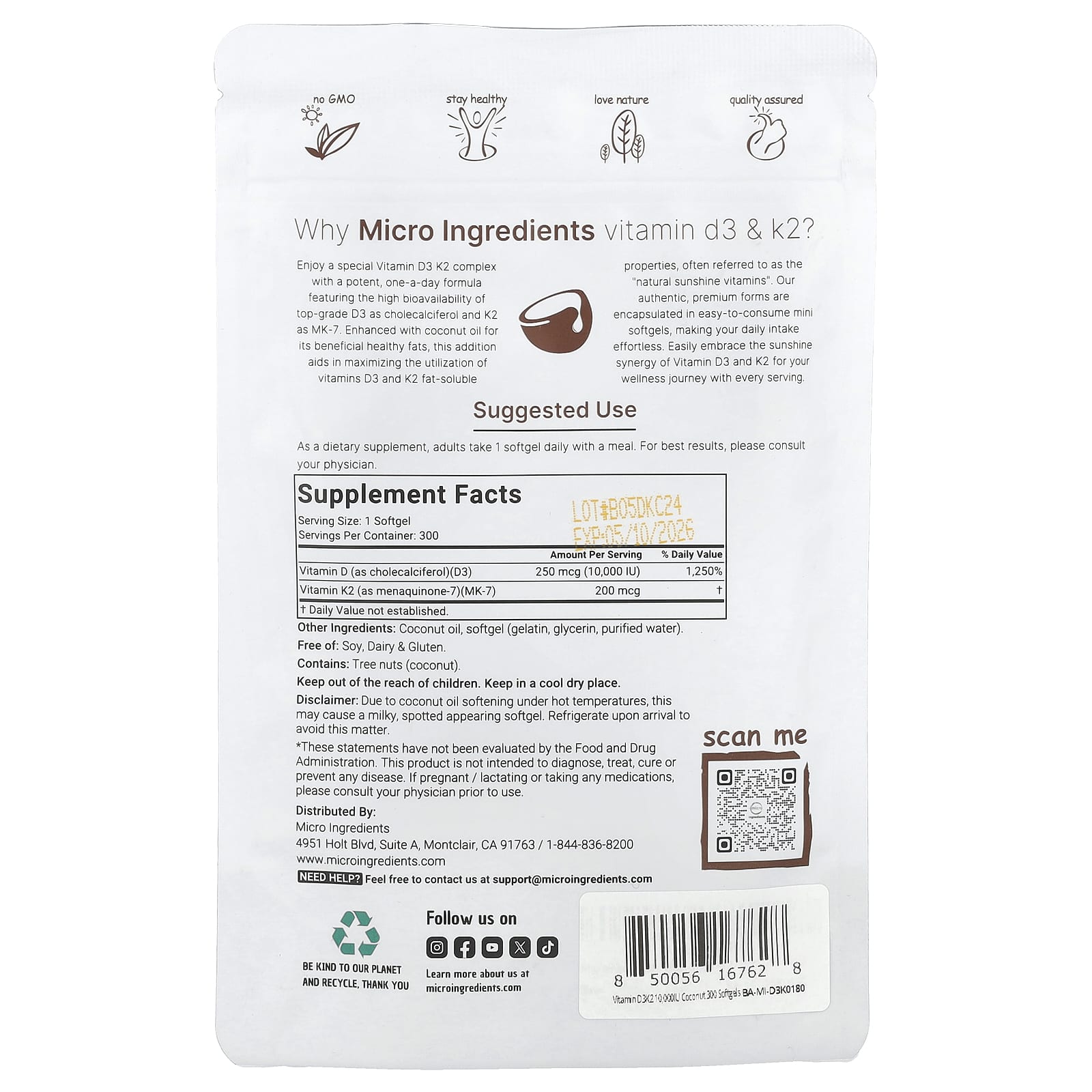 Micro Ingredients, Vitamin D3 & K2, 300 Softgels