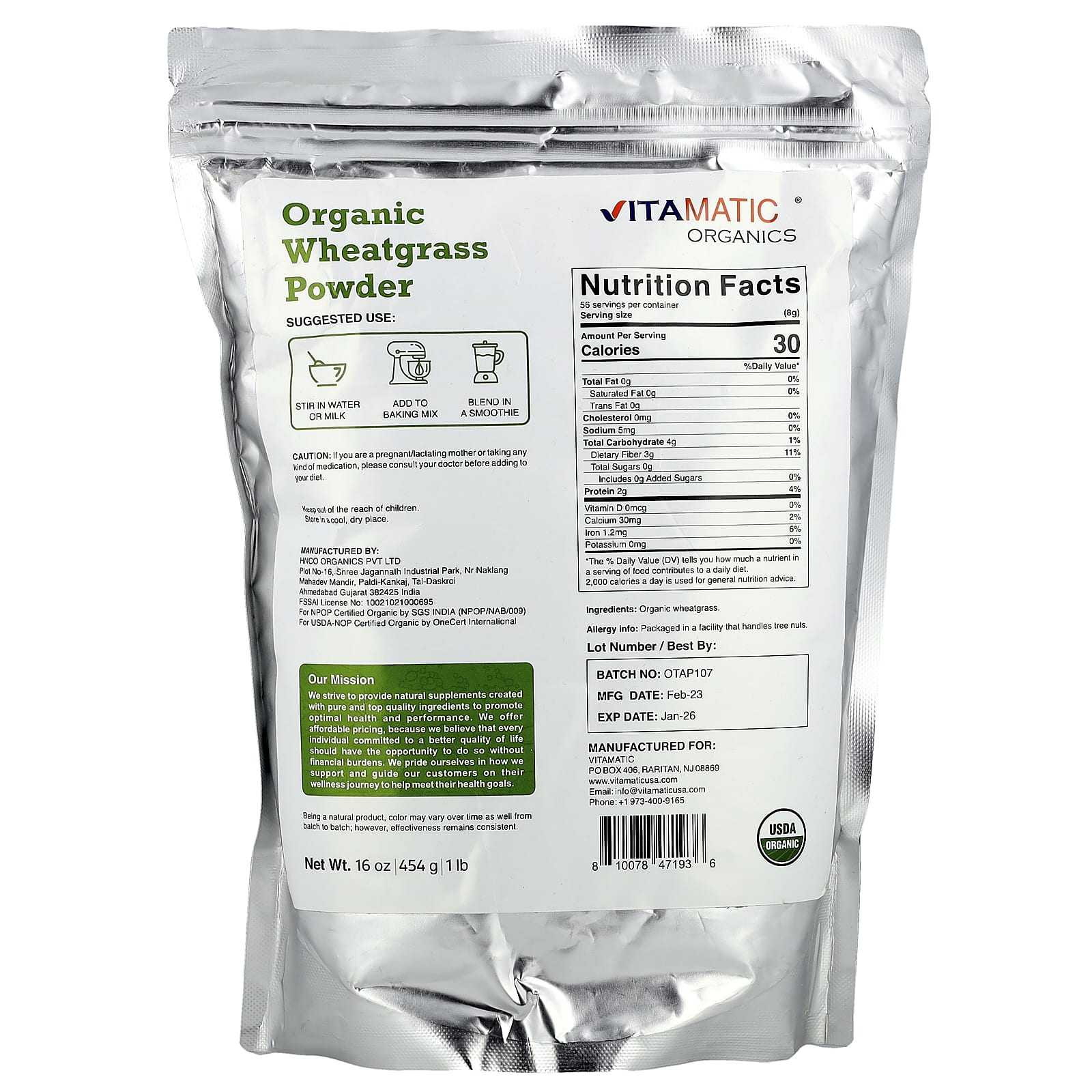 Vitamatic, Organic Wheatgrass Powder, 16 oz (454 g)