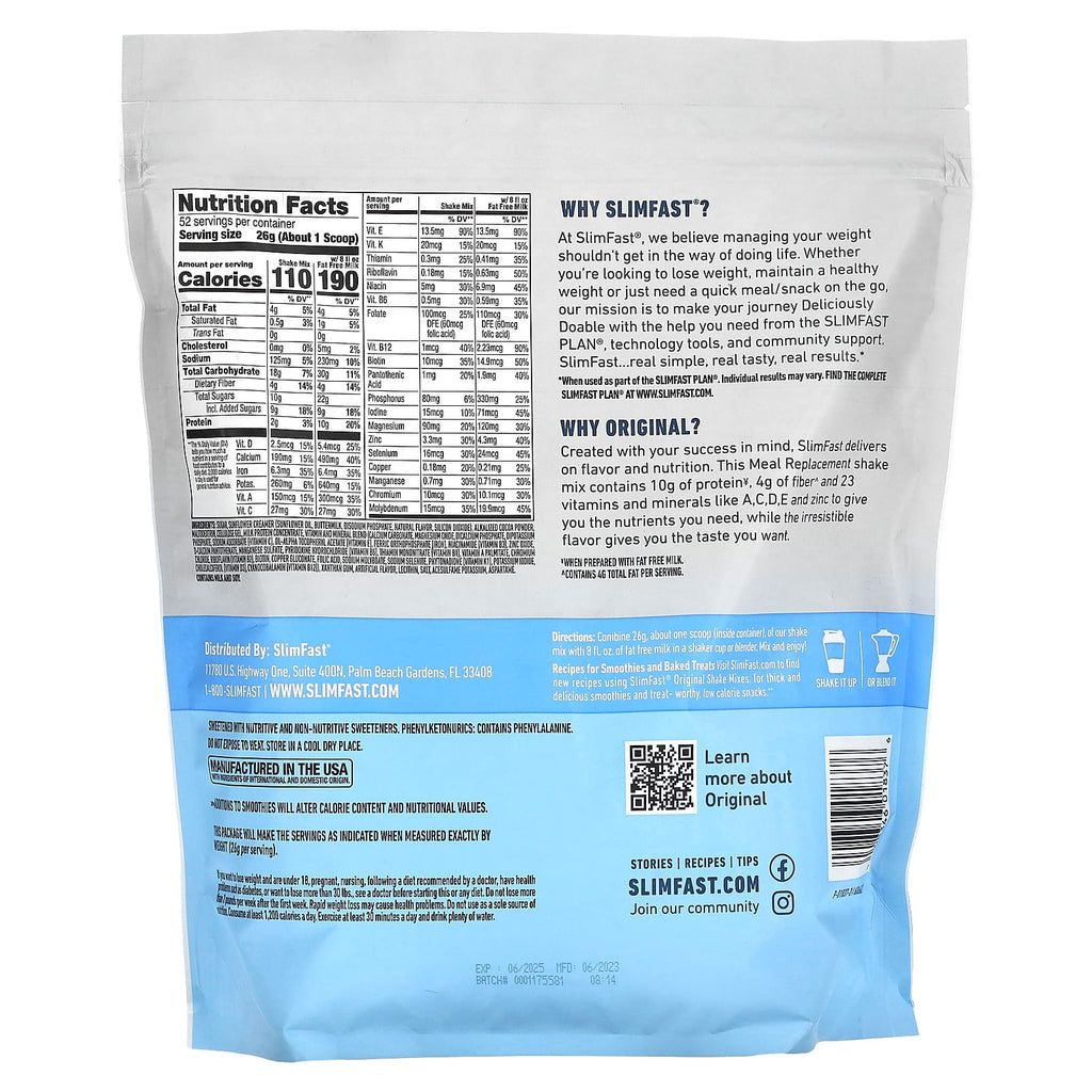 SlimFast, Original, Meal Replacement Shake Mix, Rich Chocolate Royale, 2.98 lb (1.35 kg)